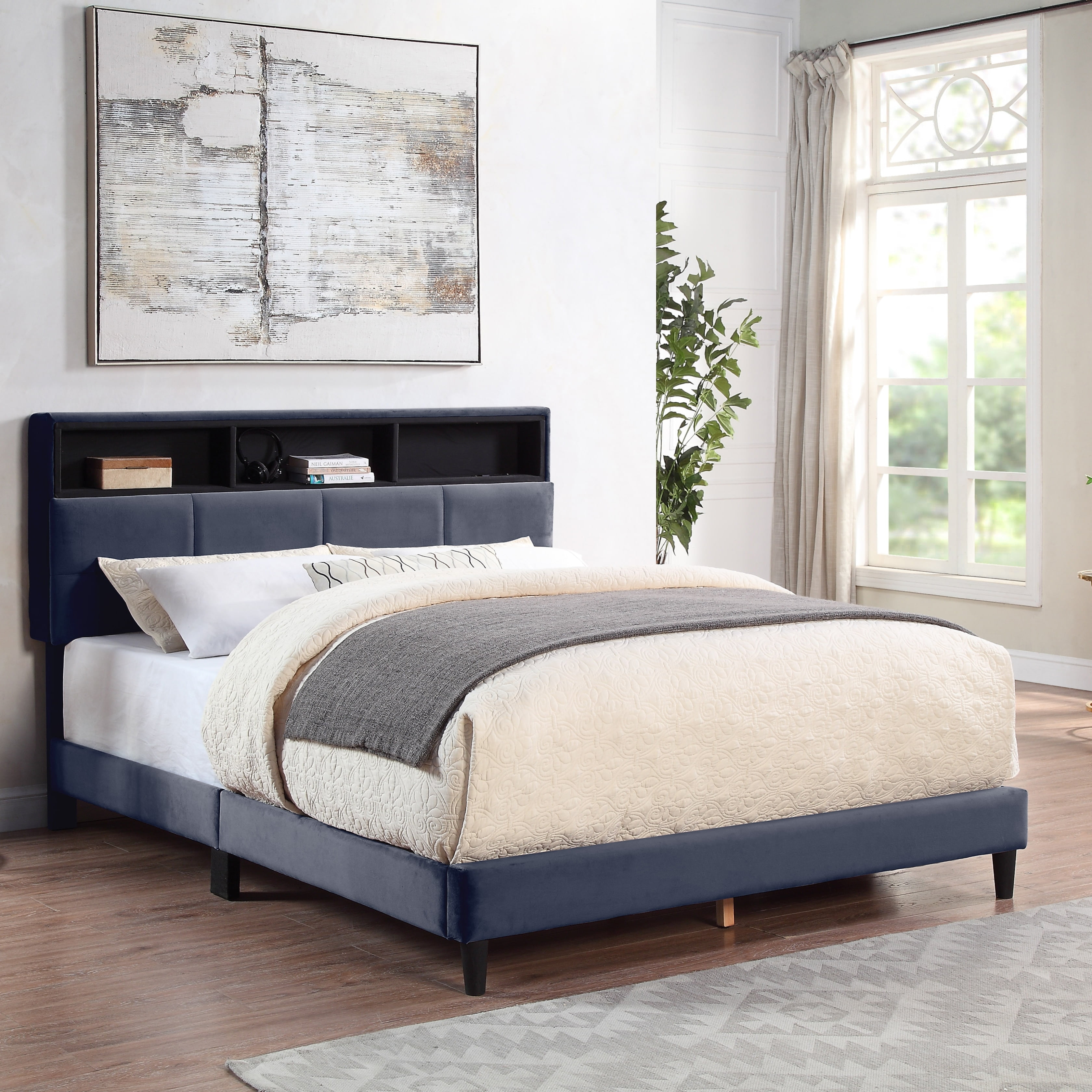 Gray Upholstered Queen Bed with Bookcase Headboard and Storage