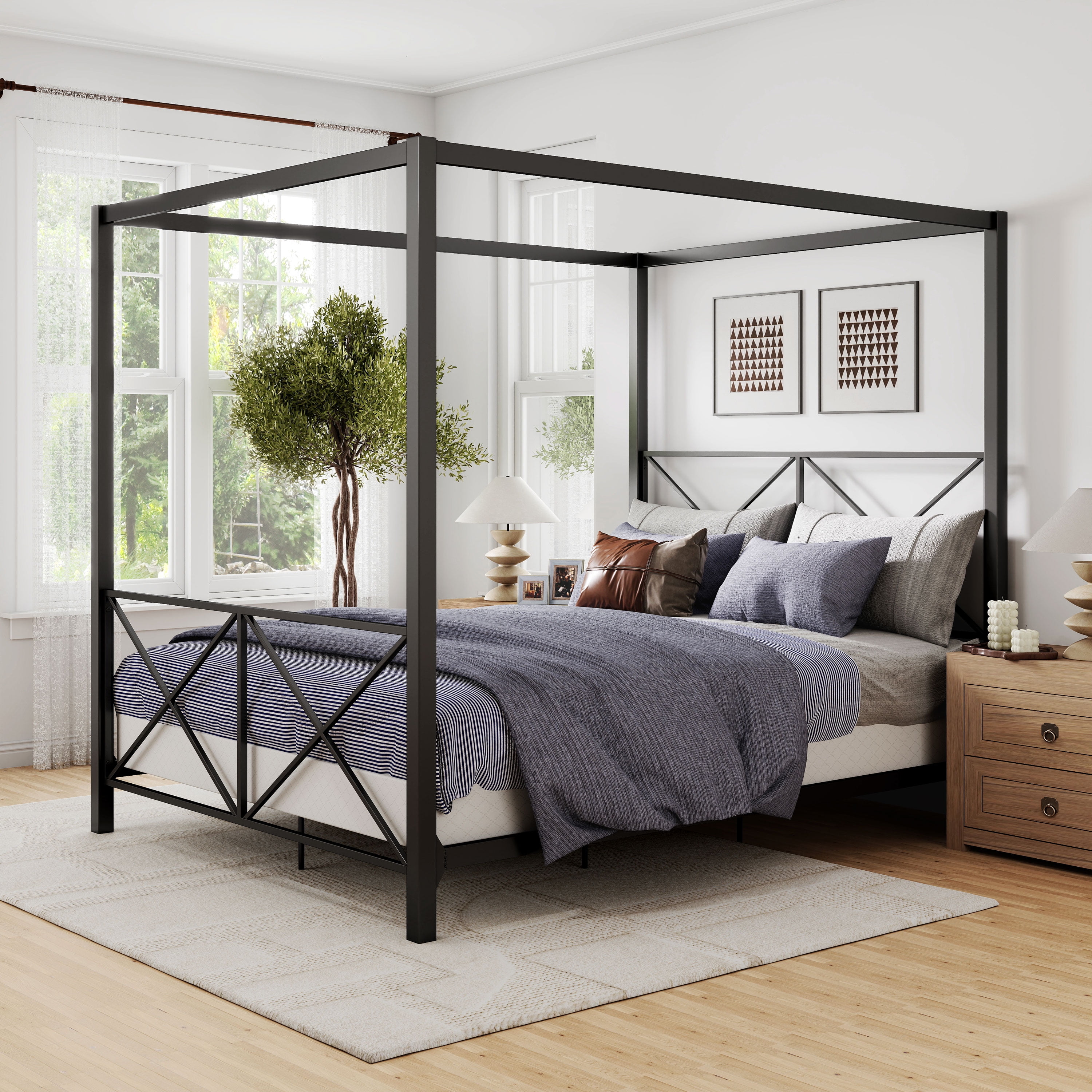 Furniture of America Rosedale Modern Metal X-Cross Canopy Bed, Queen Size, Black