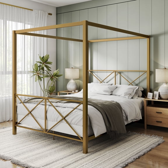 Furniture of America Rosedale Modern Metal X-Cross Canopy Bed, Queen Size, Gold