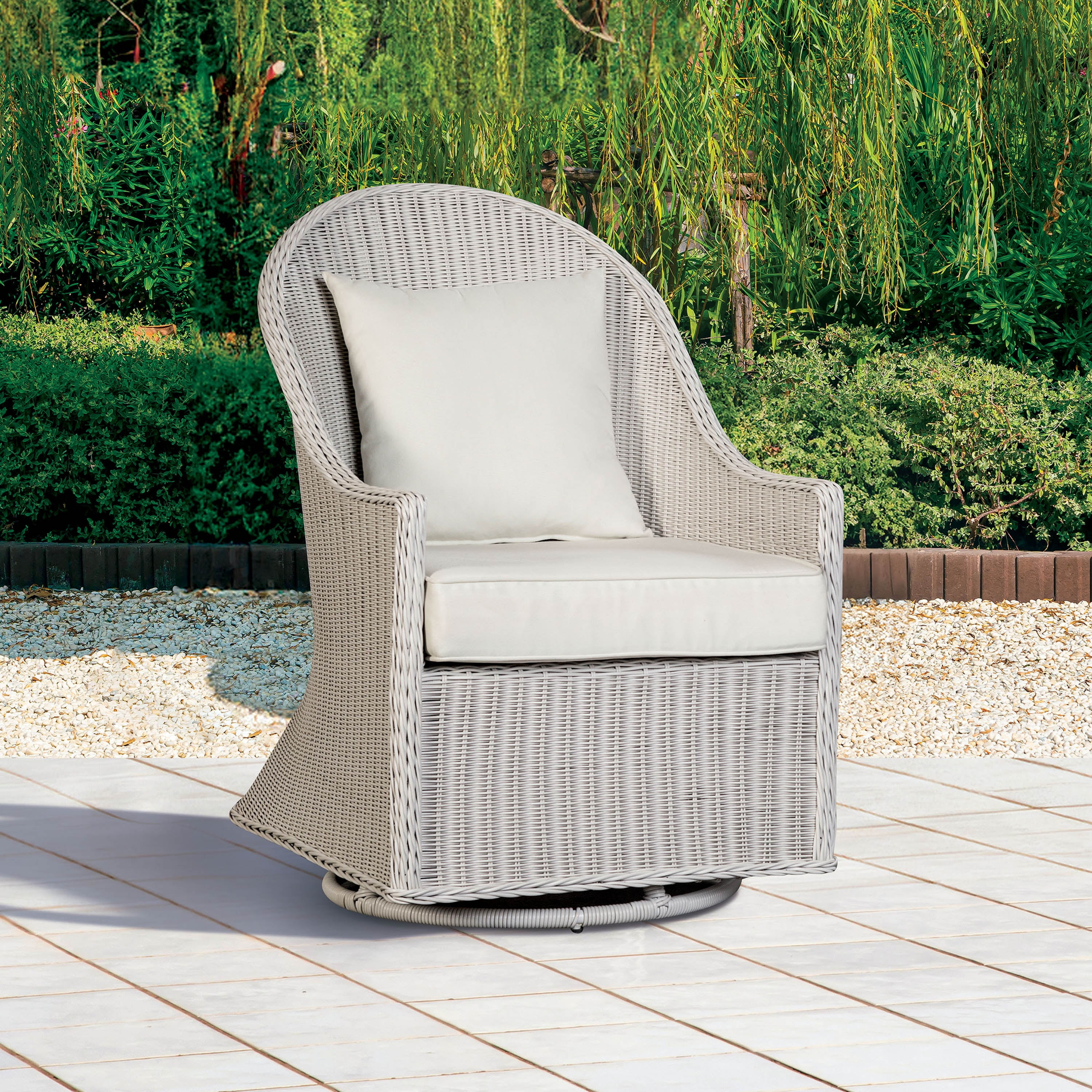 Furniture of America Rounne Modern Wicker Outdoor Swivel Chair, White ...