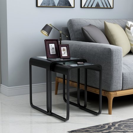 Furniture of America Roux Modern Black 18-inch Glass Top 2-Piece Nesting Table Set by