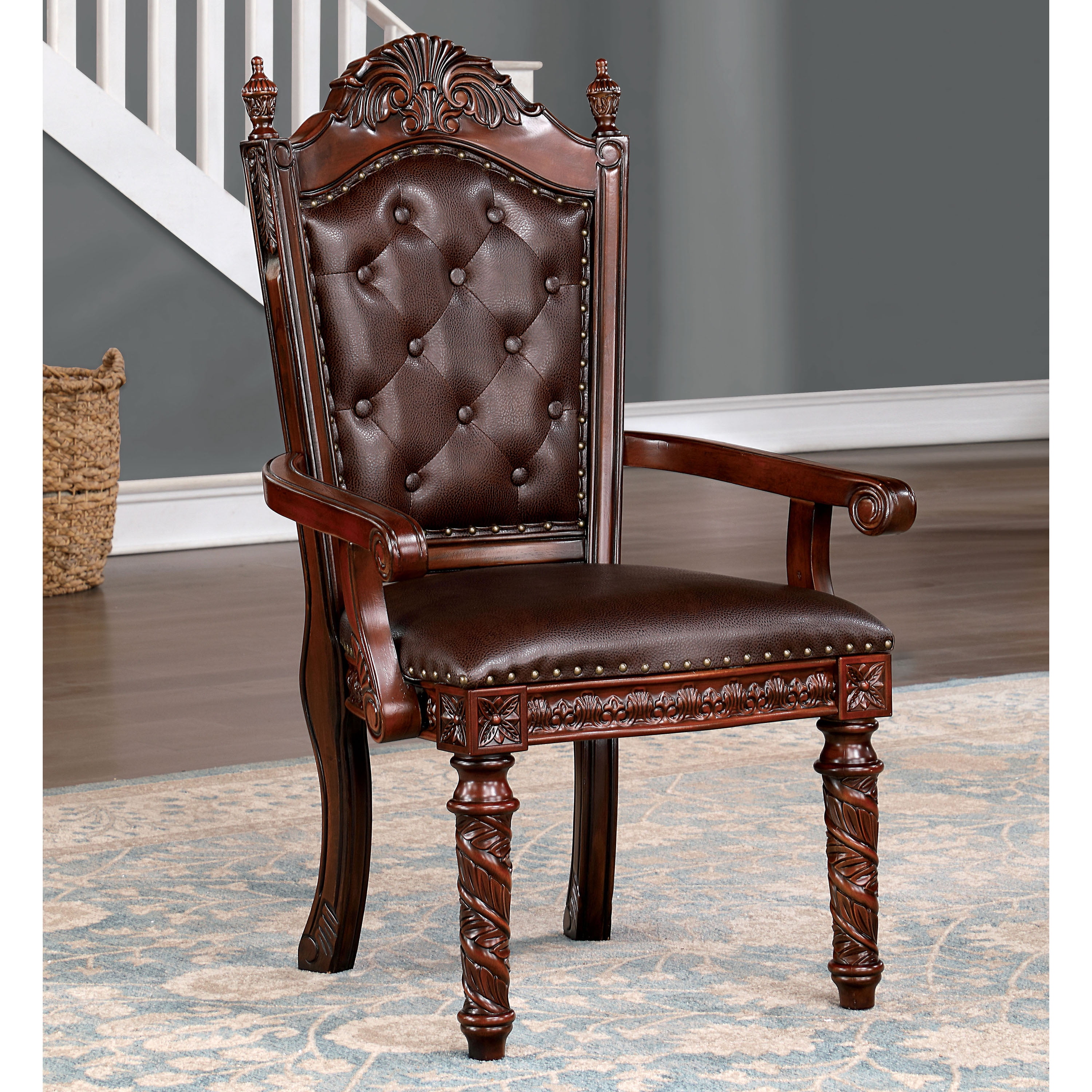 Furniture of America Rukia Tufted Indoor Faux Leather and Wood Brown Cherry Arm Chairs (Set of 2)