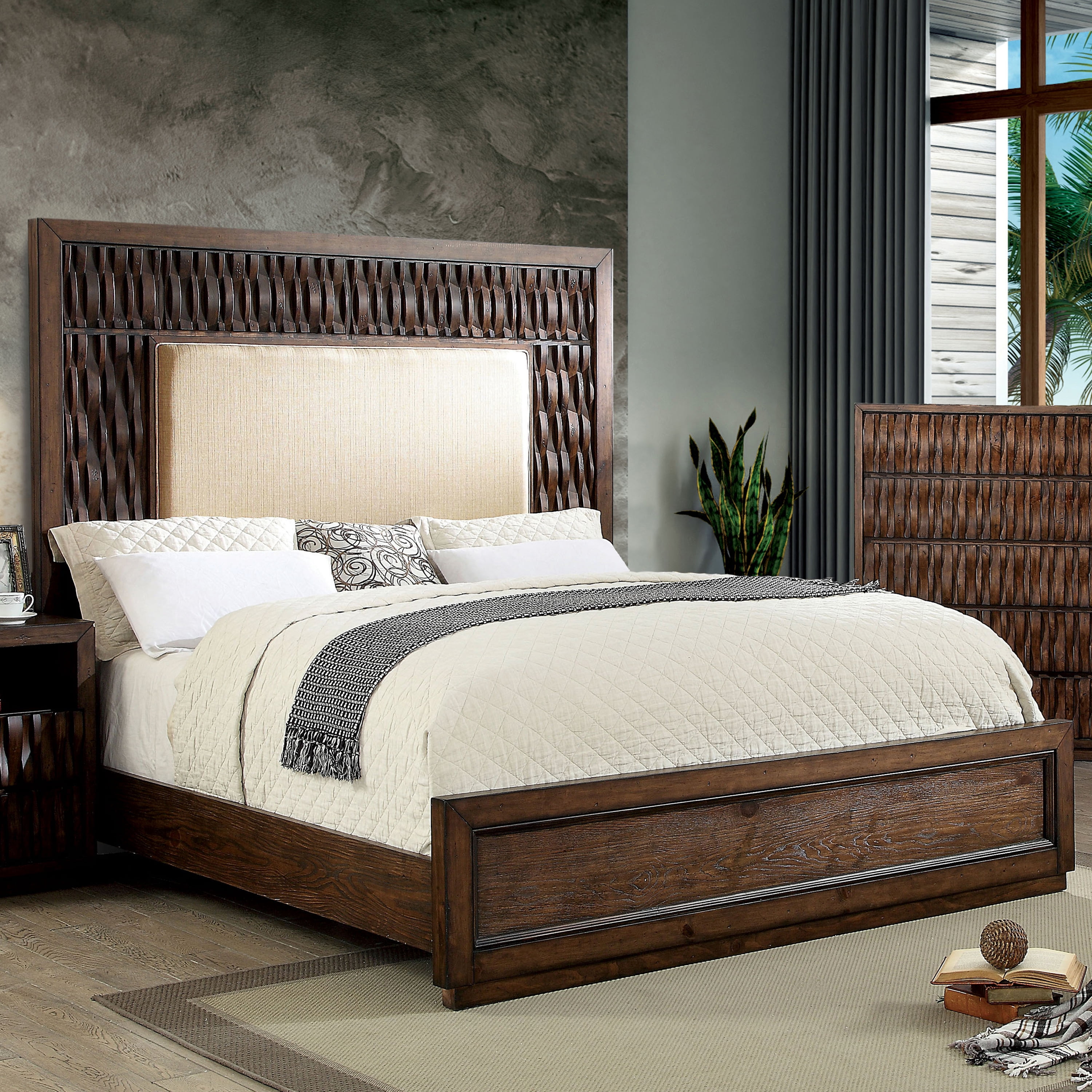 Furniture of America Ruma Wood Panel Bed, Queen, Warm Chestnut