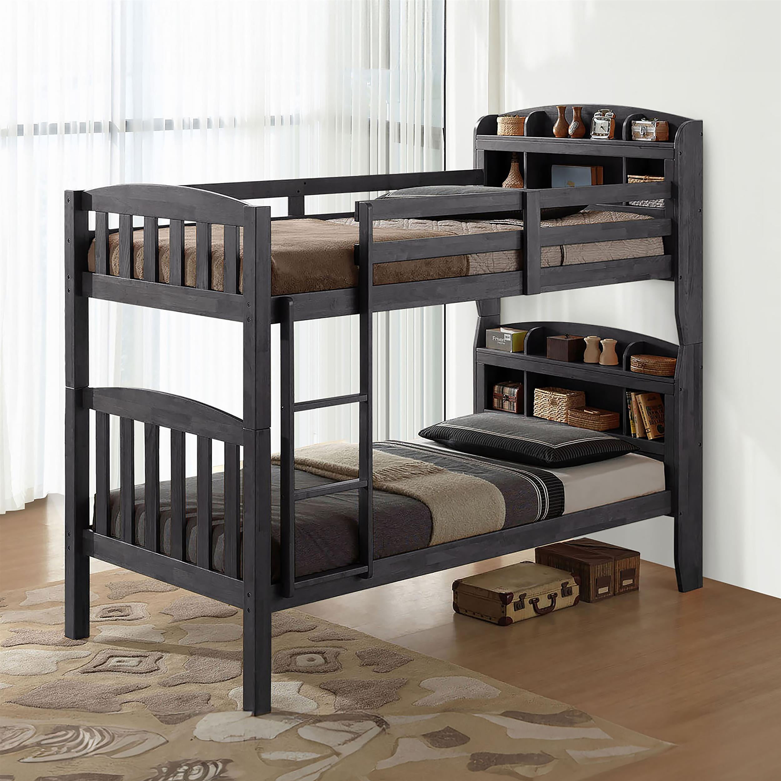 Gray Solid Wood Twin Bunk Bed with Bookcase Headboards