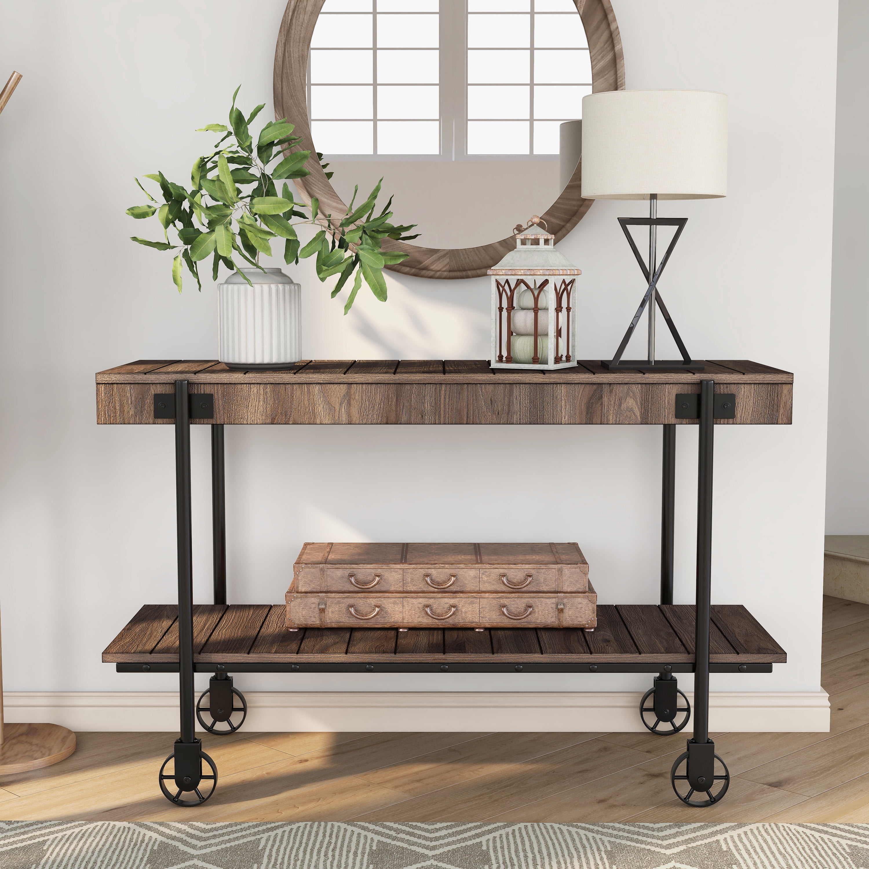 Furniture of America Russe 1-Shelf Wood Dark Walnut Sofa Table with Wheels