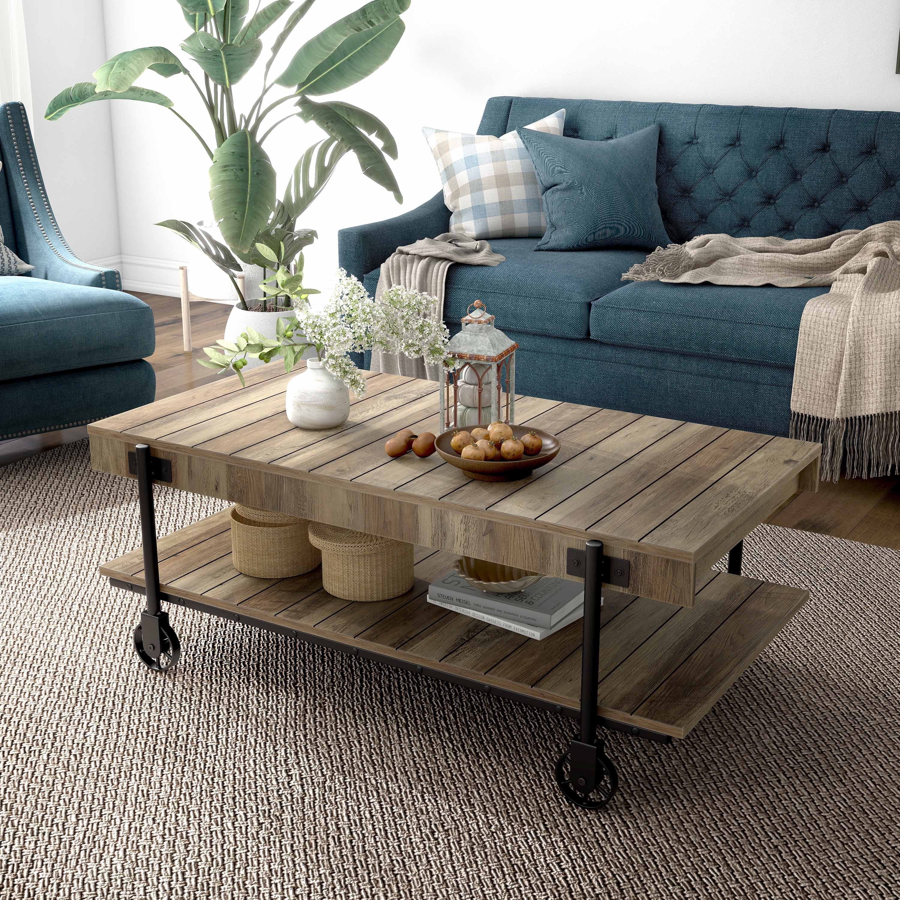 Furniture of America Russe 1-Shelf Wood Rustic Oak Coffee Table with Wheels