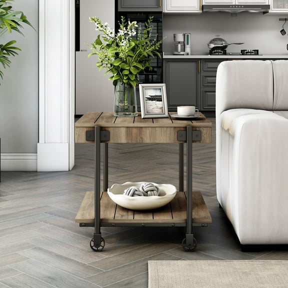 Furniture of America Russe 1-Shelf Wood Rustic Oak End Table with Wheels