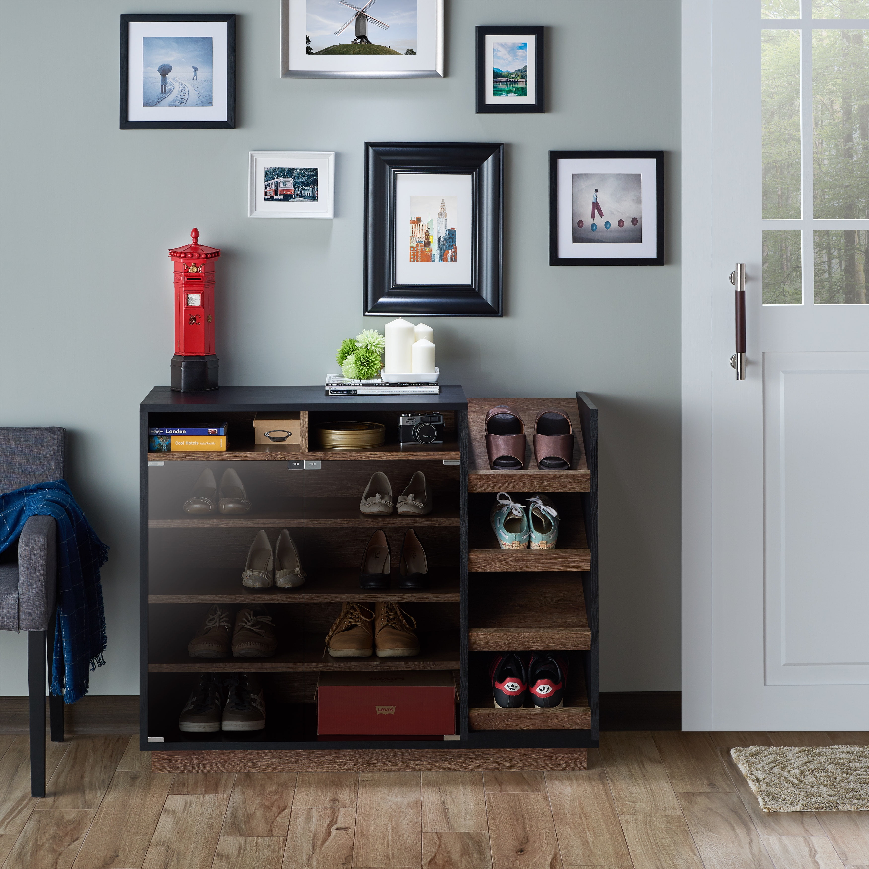 Furniture of America Ryland Contemporary Glass Door Shoe Cabinet Black and Distressed Walnut Walmart