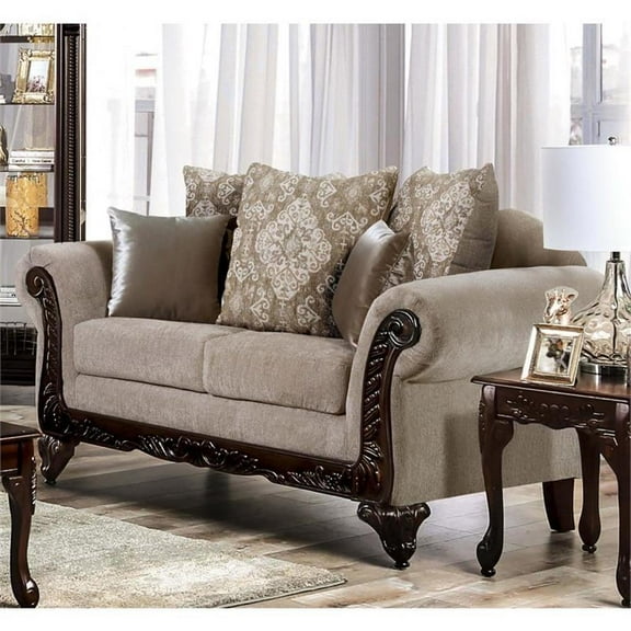 Furniture of America Safin Traditional Chenille Upholstered Loveseat in Beige