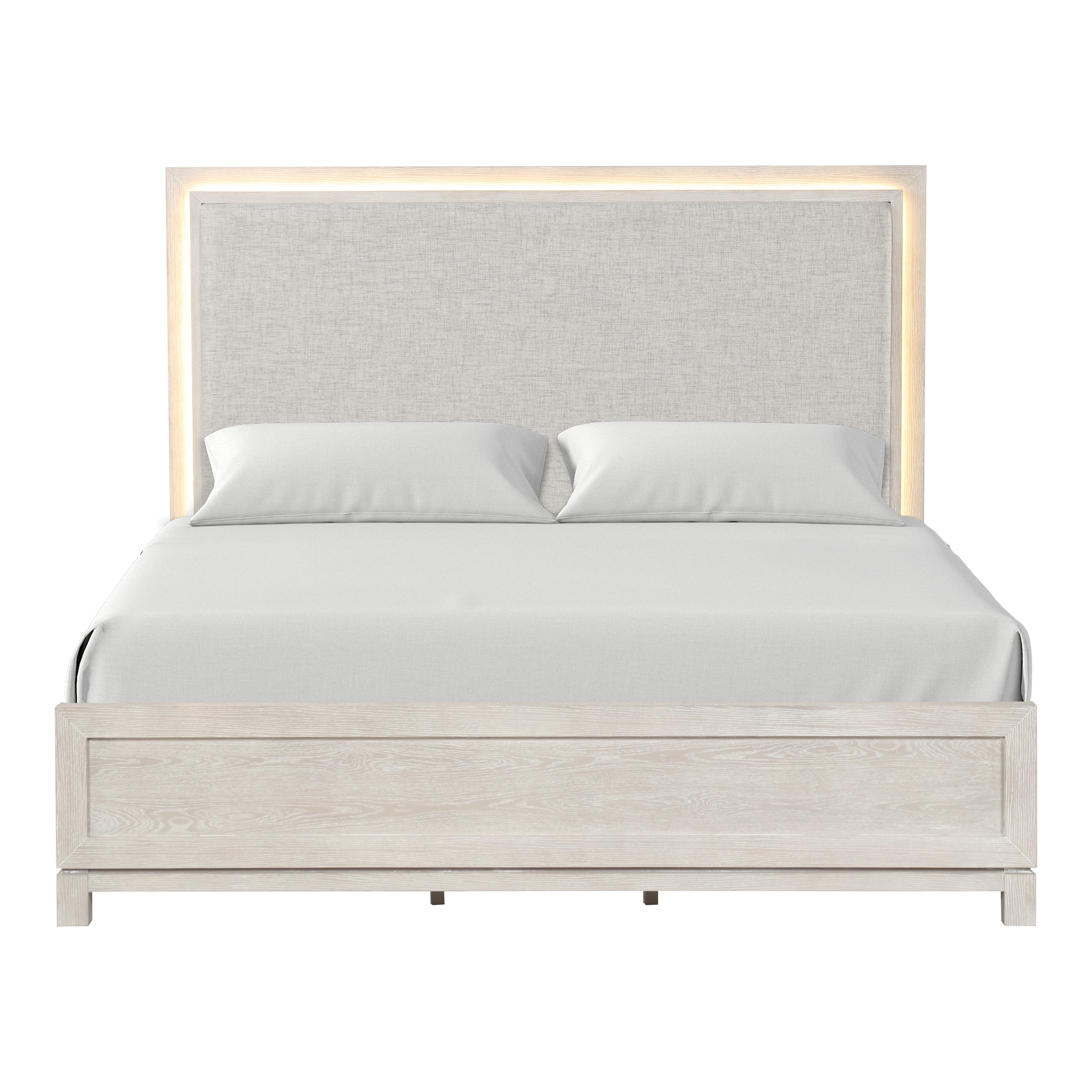 Furniture of America Sagnet Solid Wood Panel Bed with LED, King, Weathered Gray