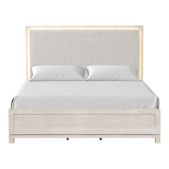 Furniture of America Sagnet Solid Wood Panel Bed with LED, King, Weathered Gray