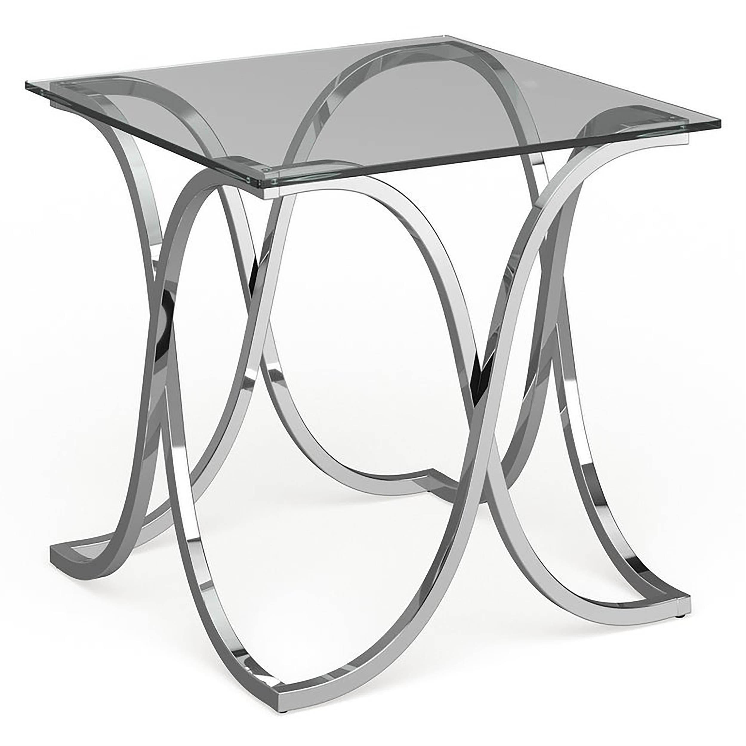 Chrome and Clear Glass Square End Table with Curved Metal Frame
