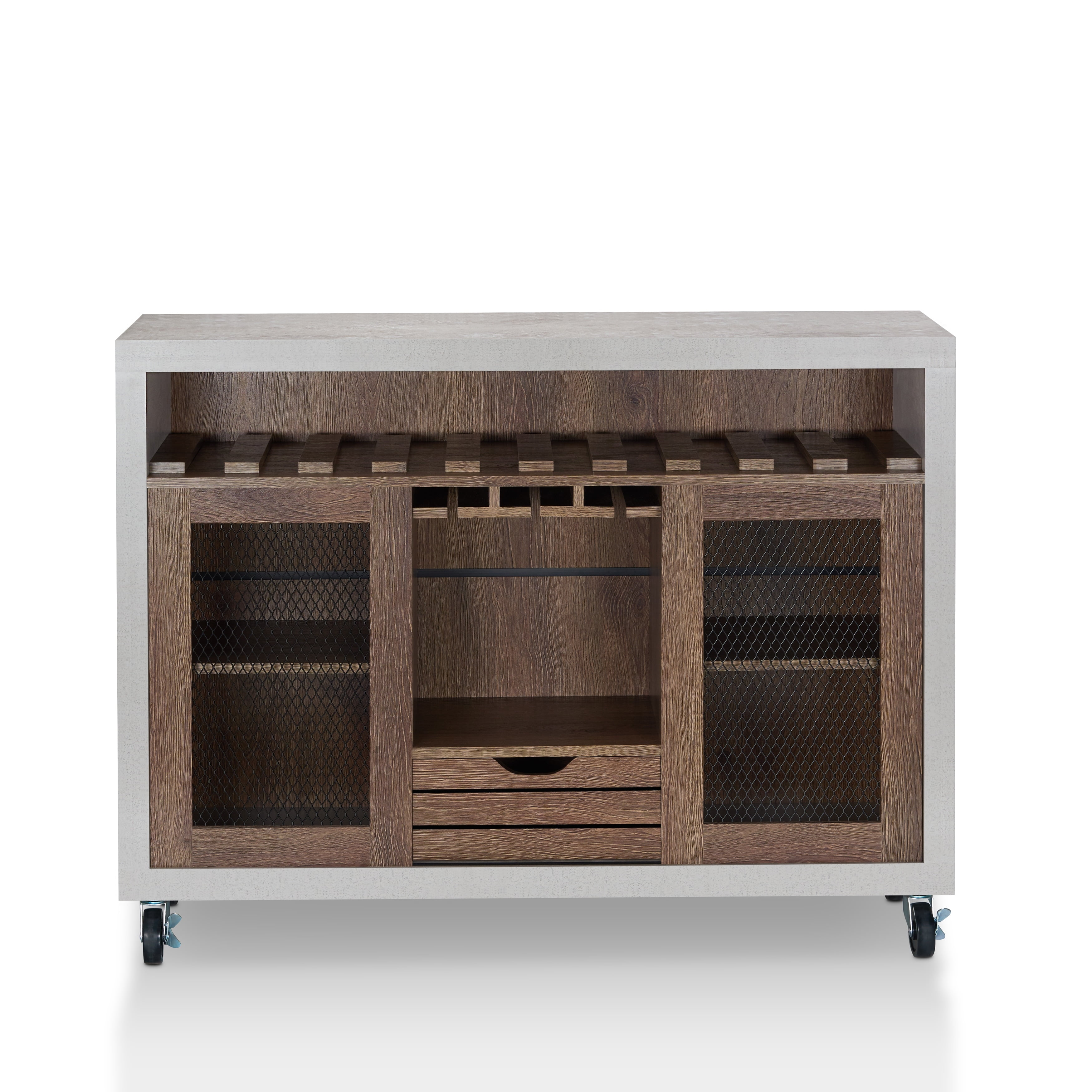 Distressed Walnut and Cement Rolling Buffet with Shelves and Wine Rack