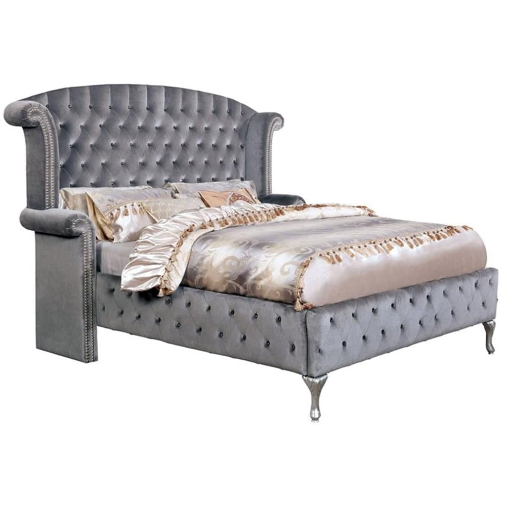 Gray Upholstered Queen Bed with Tufted Headboard and Drawers