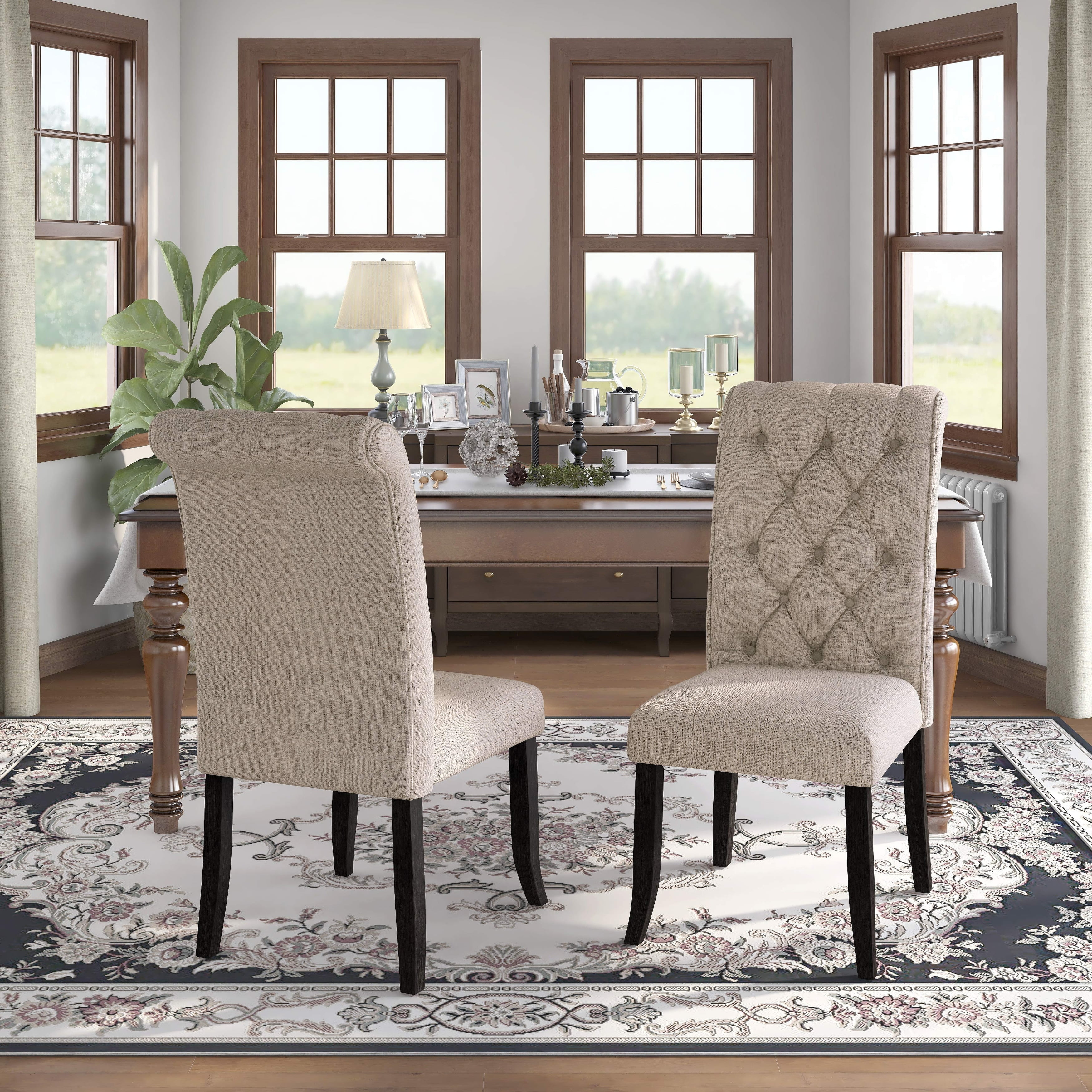 Furniture of America Sheila Farmhouse Tufted Fabric Dining Chairs Set of 2 by Dining Chairs Parson Chairs Beige Antique Black