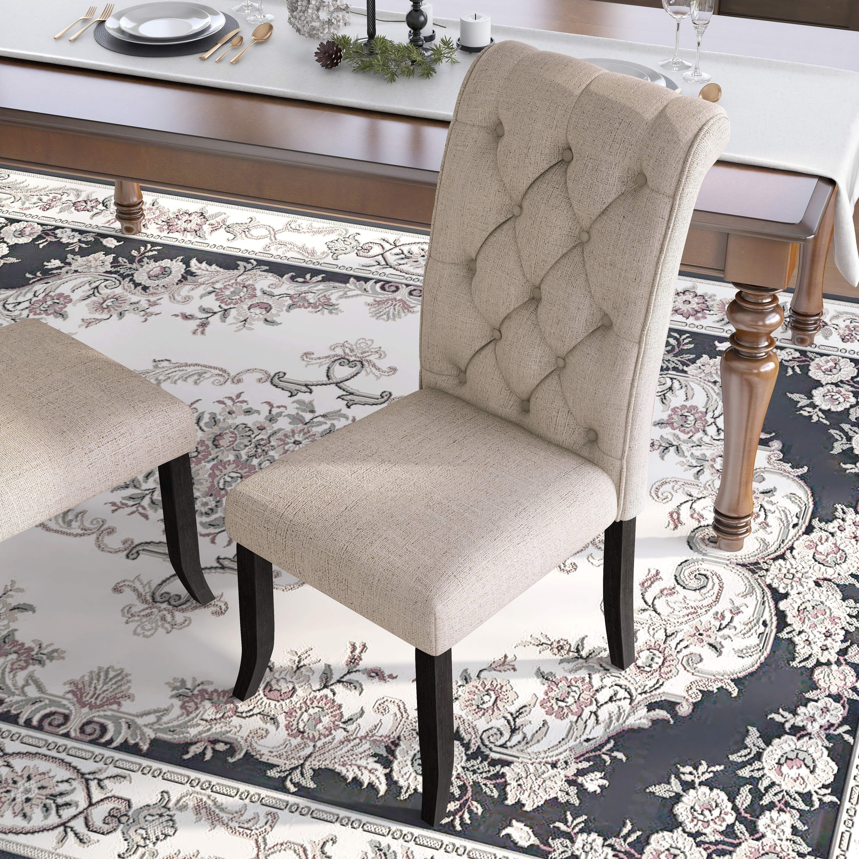 Beige Upholstered Parsons Side Chair with Wood Legs