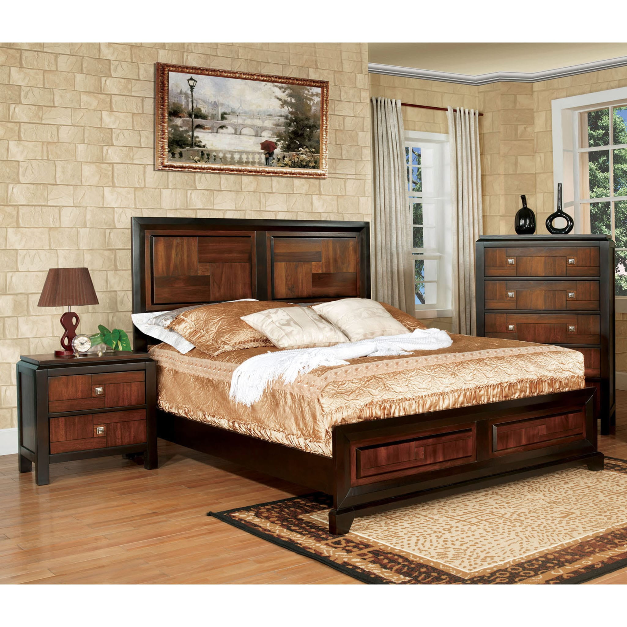 Walnut and Acacia Transitional Queen Bedroom Set with Upholstered Headboard