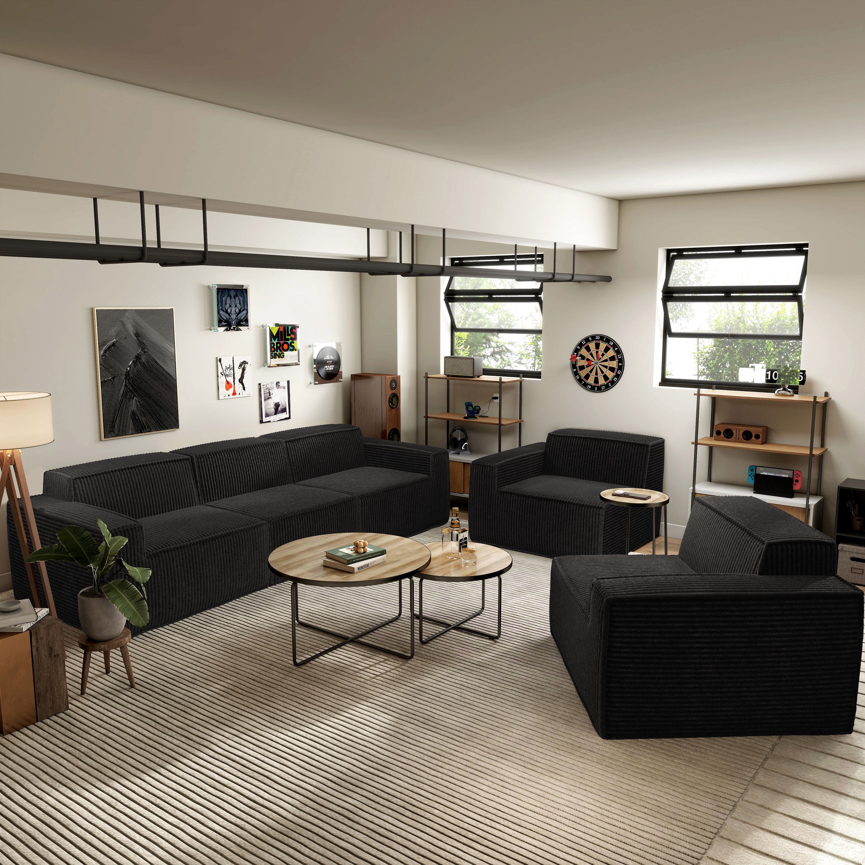 Furniture of America Solan Modern Chenille Modular Wide Track Arms 2-Piece Sofa Set with Sofa and Loveseat Black