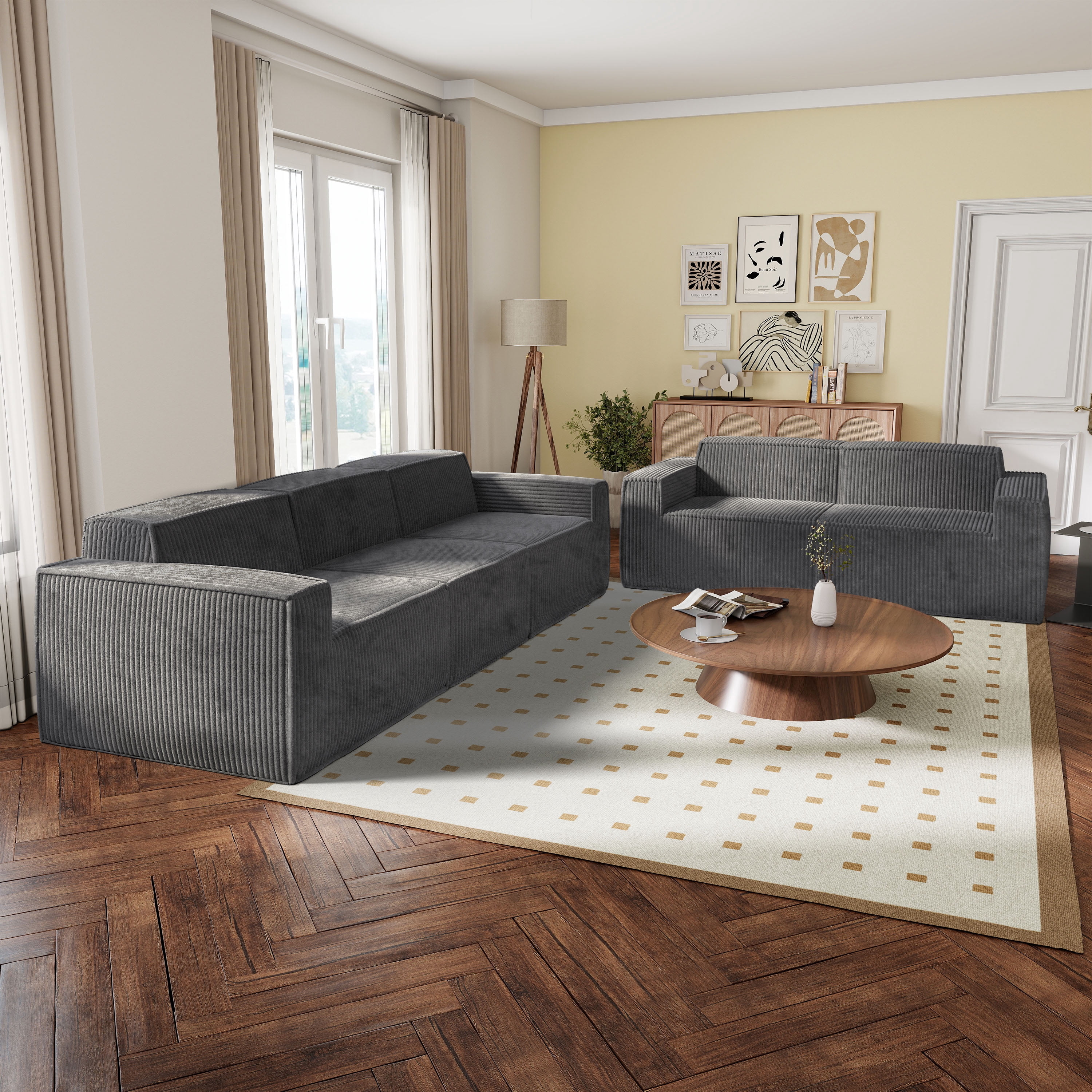 Furniture of America Solan Modern Chenille Modular Wide Track Arms 2-Piece Sofa Set with Sofa and Loveseat Dark Gray