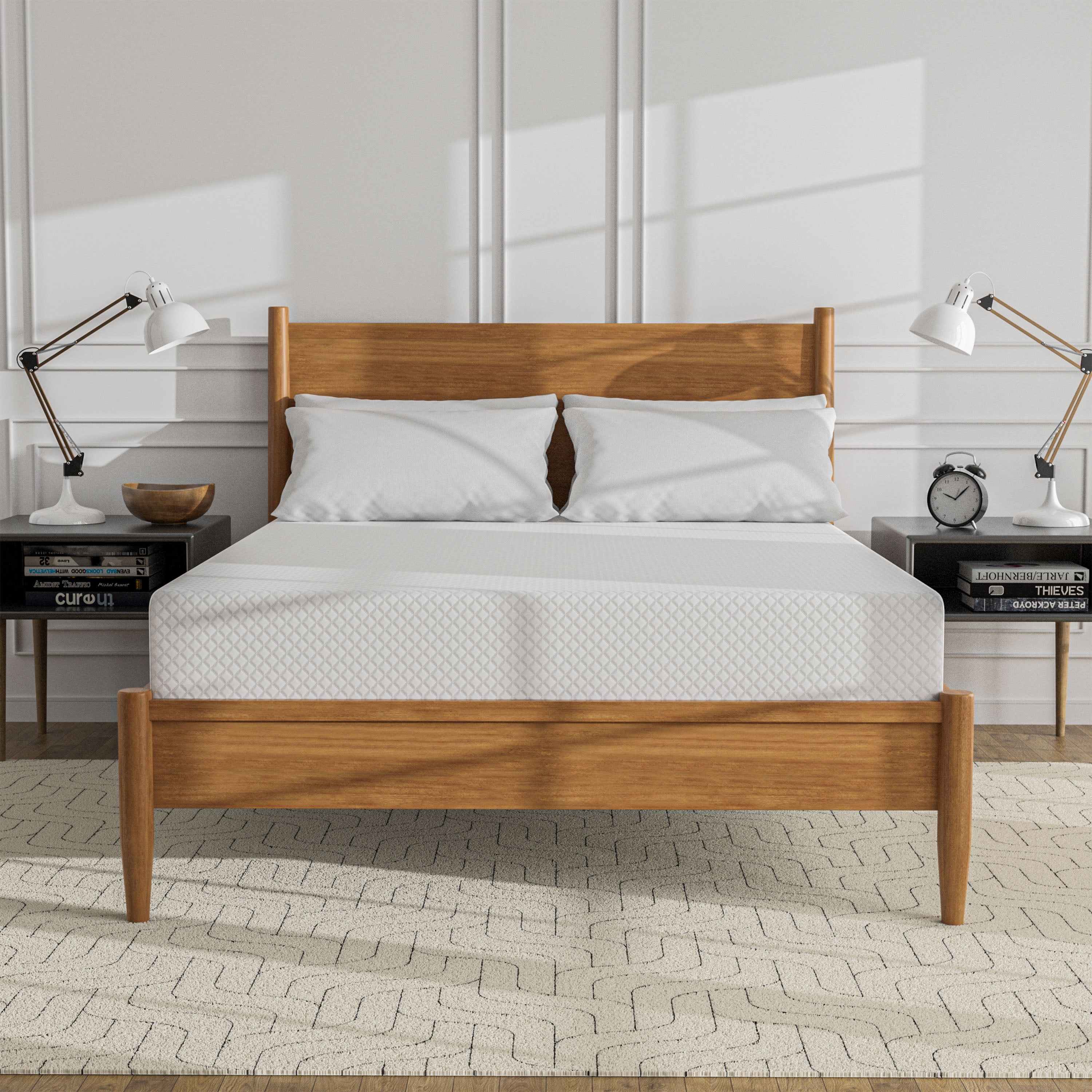 Furniture of America Solid Wood Queen Platform Bed with 10 Inch Memory Foam Mattress Oak Brown