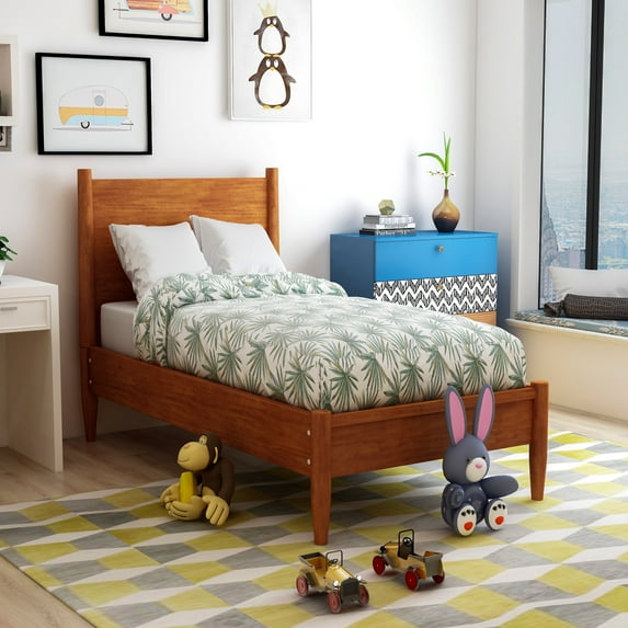 Furniture of America Solid Wood Twin Platform Bed with 12-Inch Memory Foam Mattress, Oak