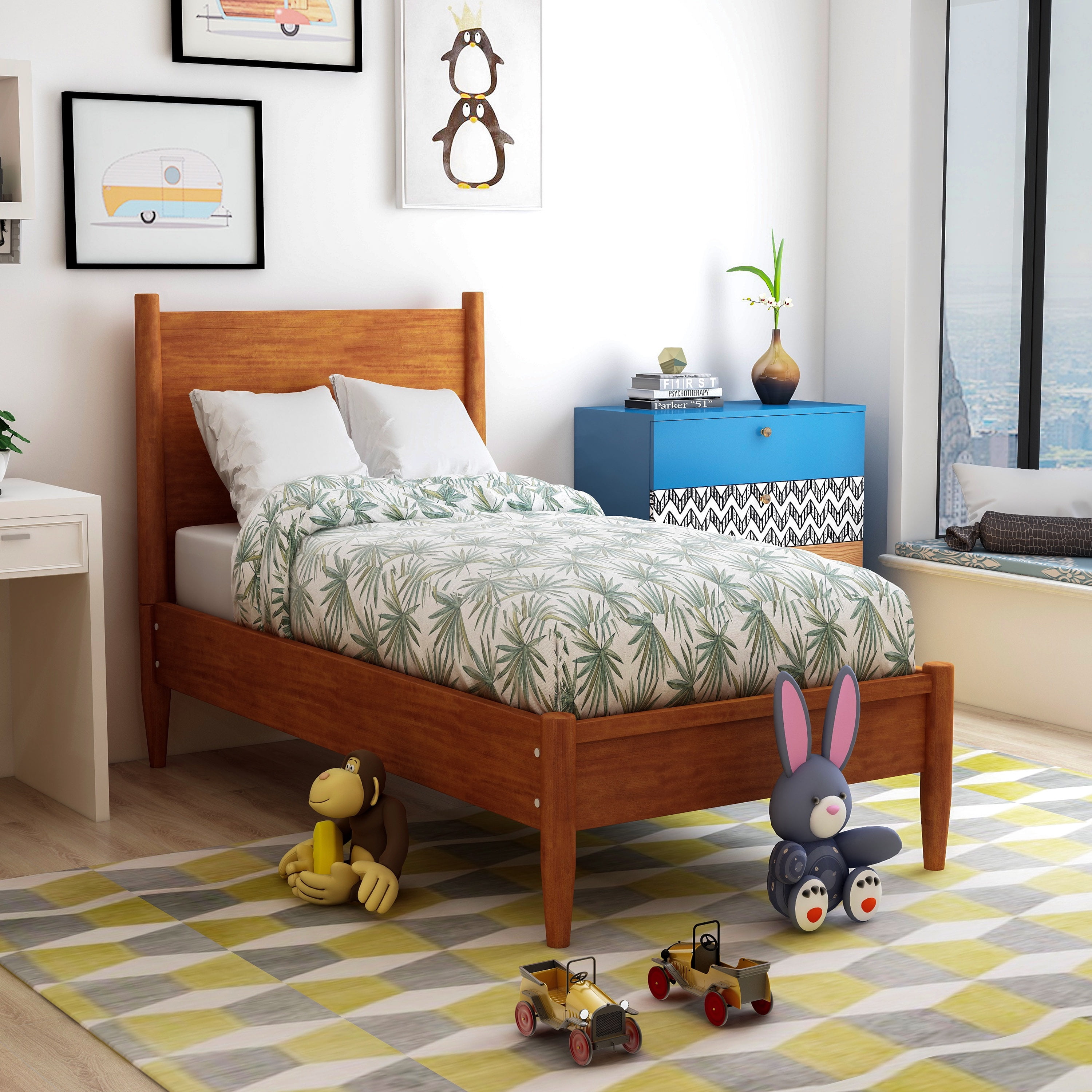 Furniture of America Solid Wood Twin Platform Bed with 8-Inch Memory Foam Mattress, Oak
