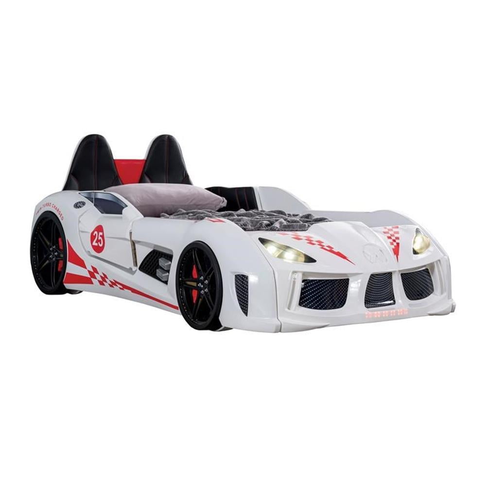 Furniture of America Sonet Plastic Twin Race Car Bed with LED Light in White
