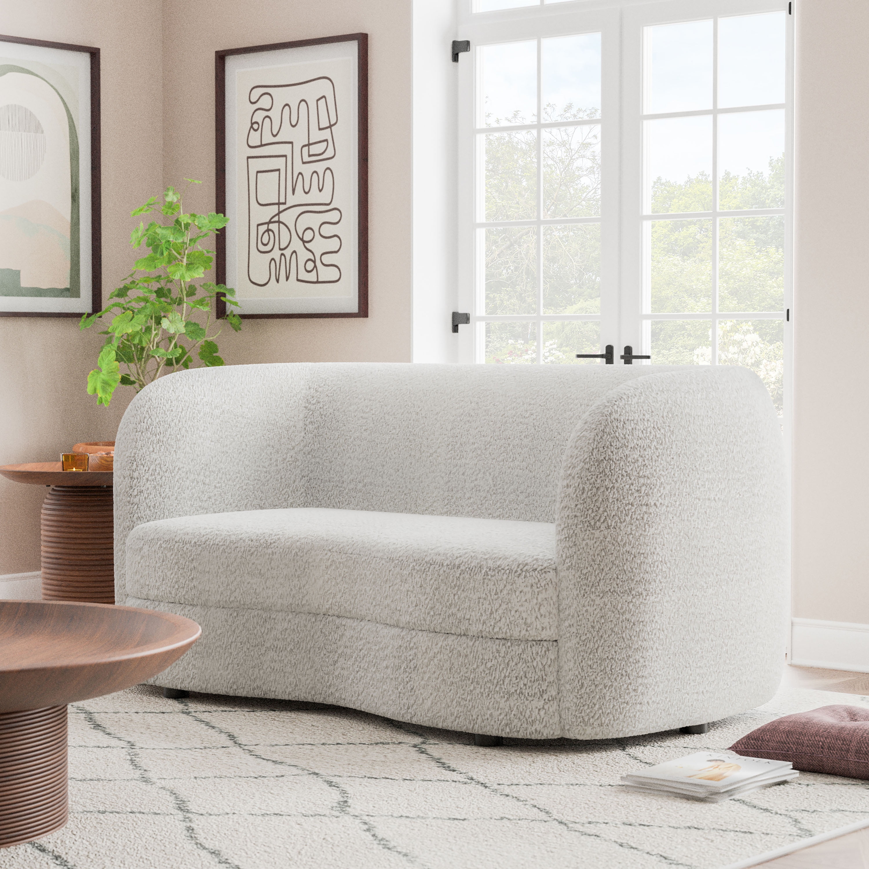 Off-White Boucle Fabric Curved Loveseat with Wooden Legs
