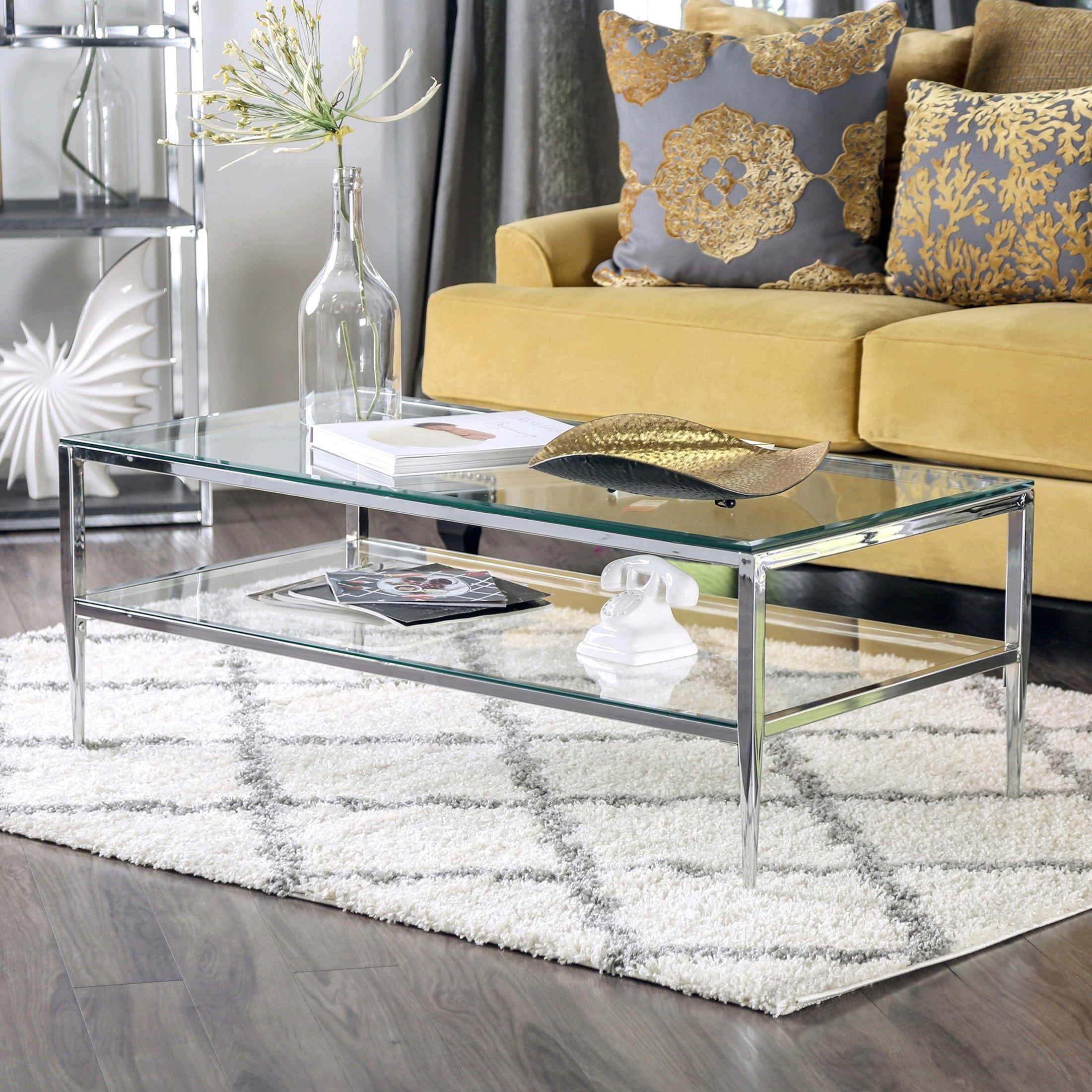 Furniture of America Sparling Glass Top Coffee Table, Chrome - Walmart.com