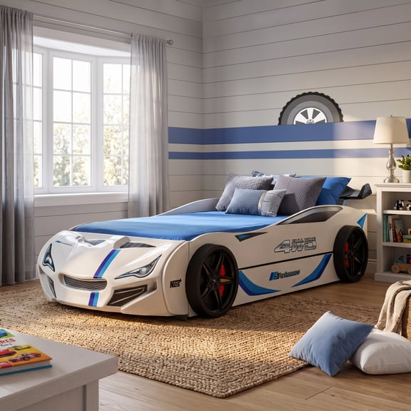Furniture of America Speeds Kids Twin Platform ABS Plastic Race Car Bed with Trundle, White