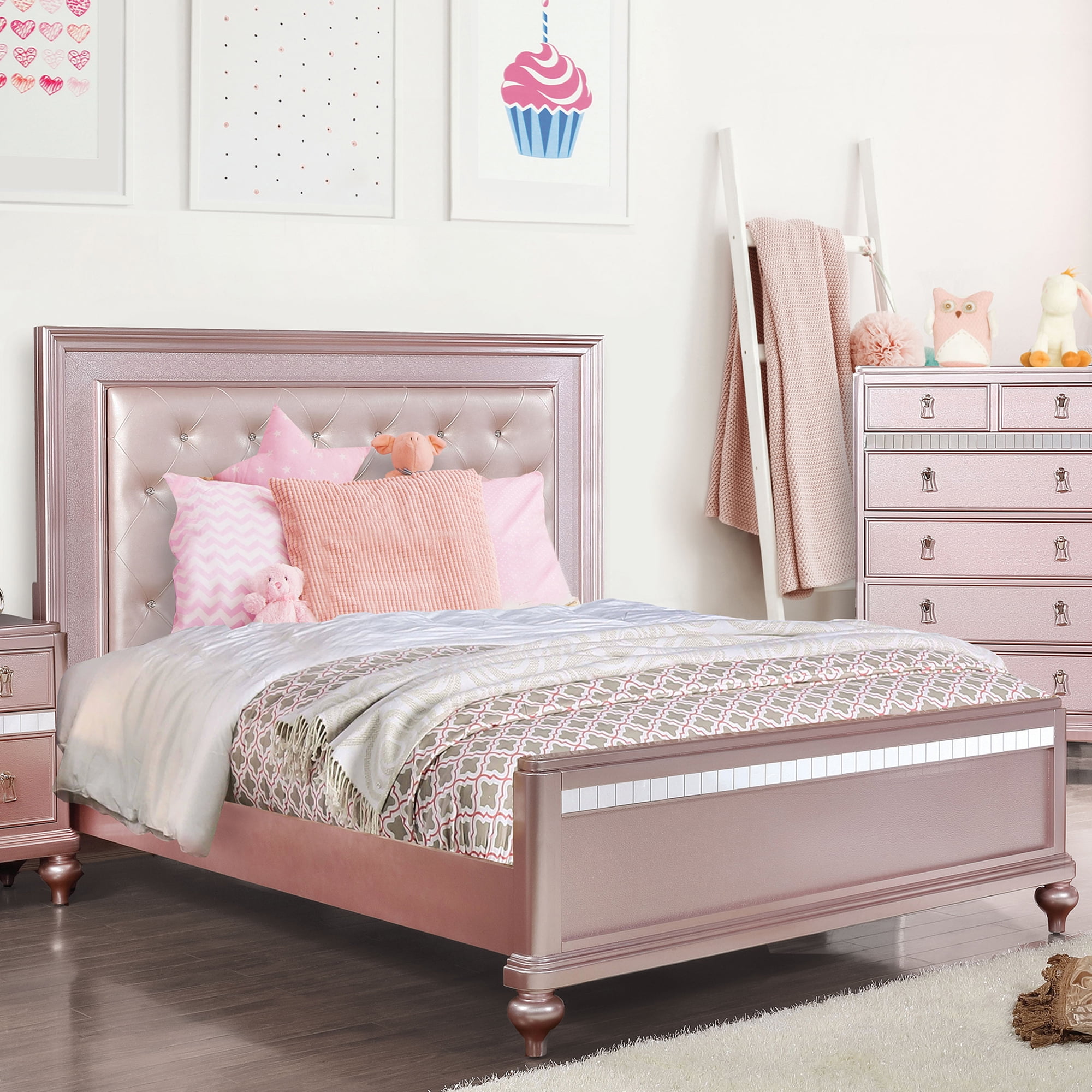 Furniture of America Starnom Tufted Panel Wood Rose Pink Full Kids Bed