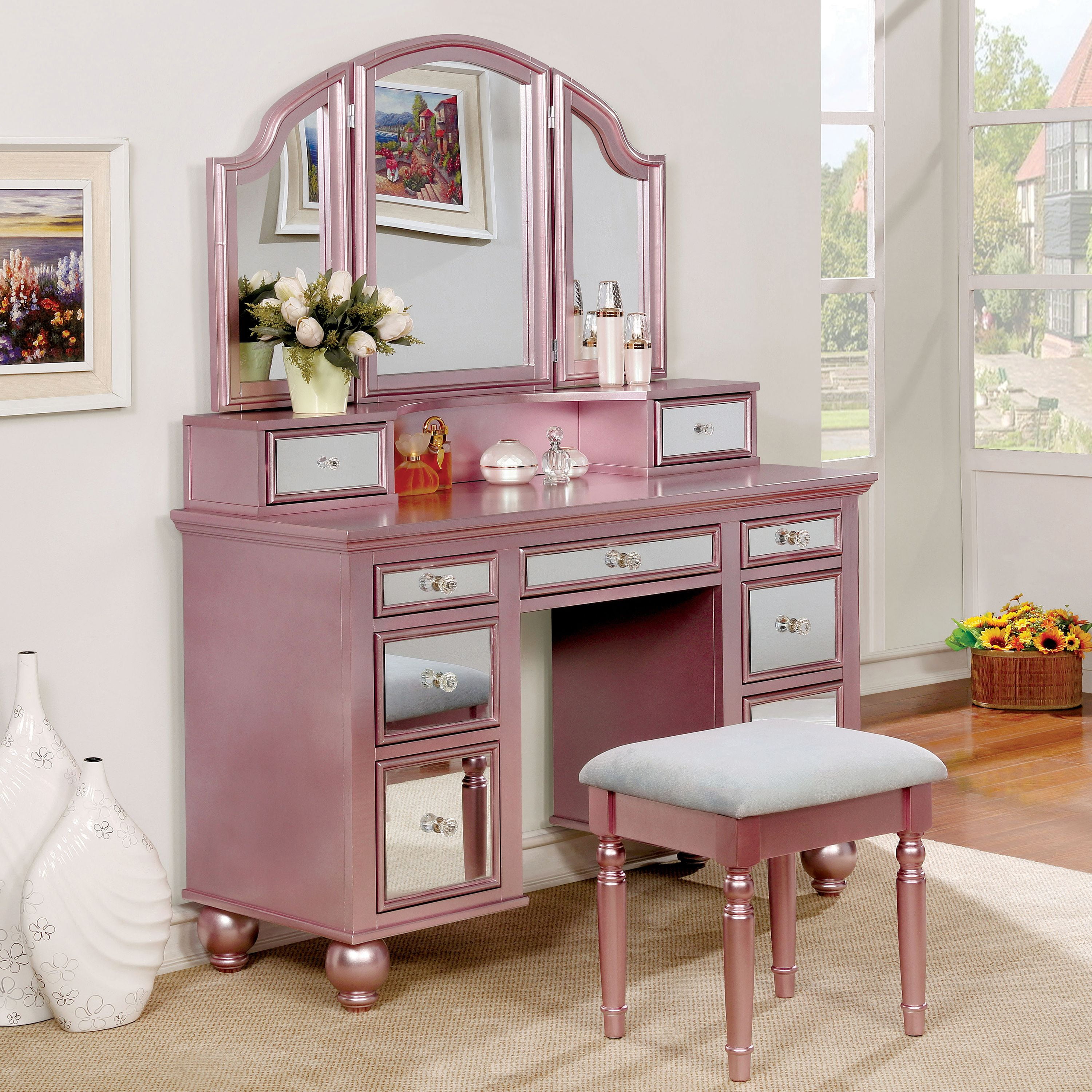 Furniture of America Stella Contemporary 3-Piece Vanity Set, Rose Gold