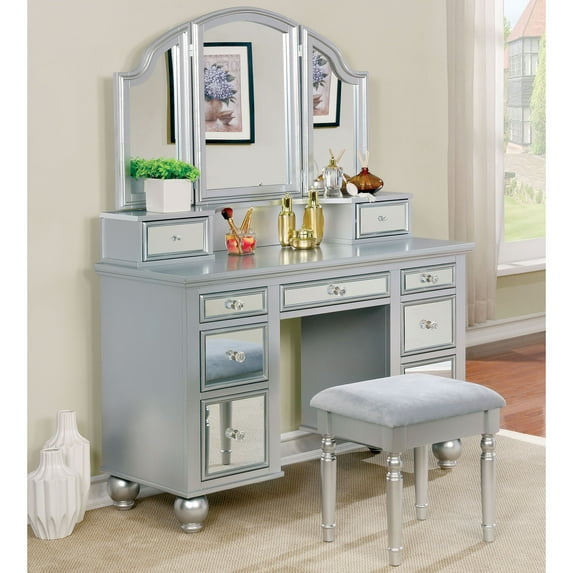 Furniture of America Stella Contemporary 3-Piece Vanity Set, Silver