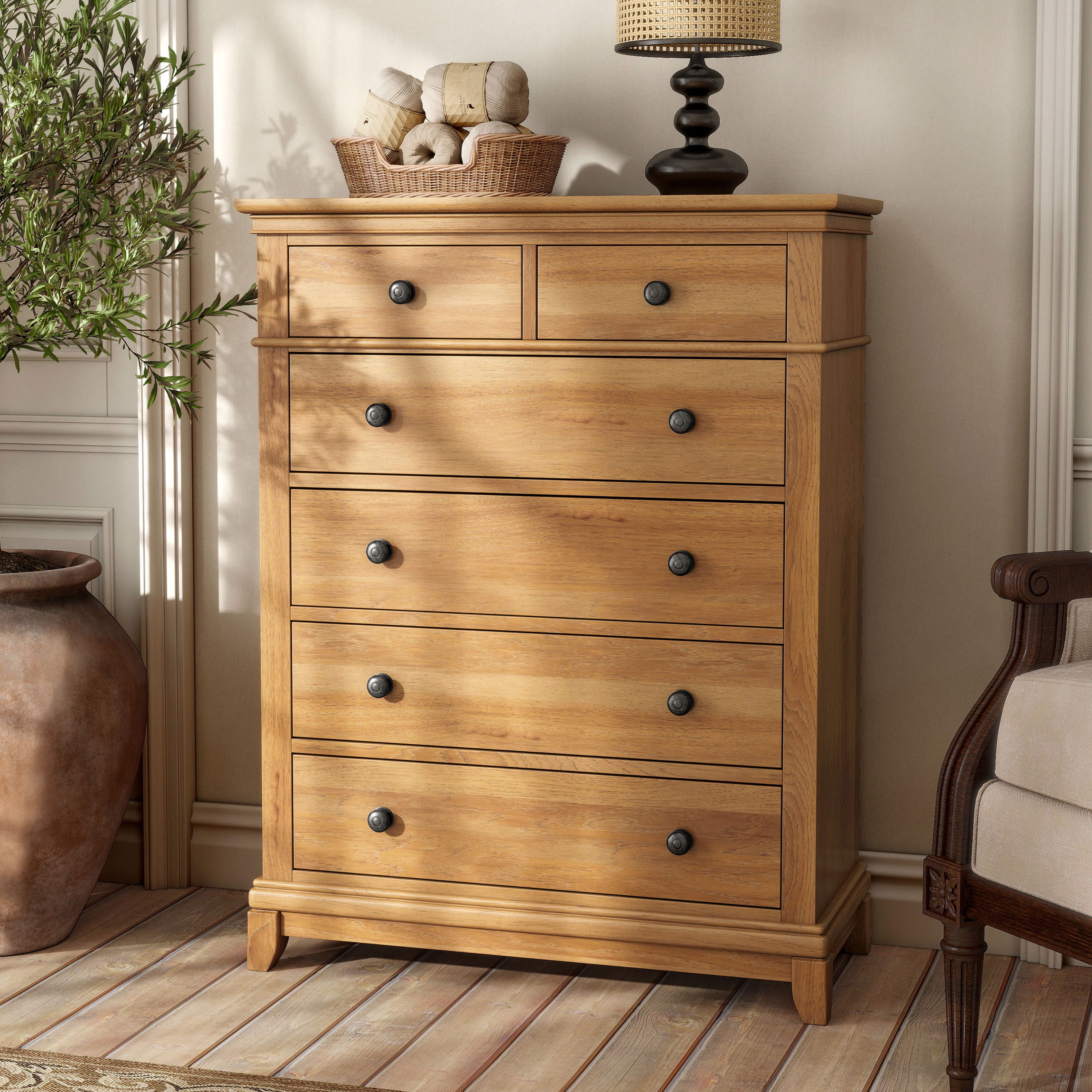 Furniture of America Stratford 5-Drawer Solid Wood Bedroom Chest, Natural Oak