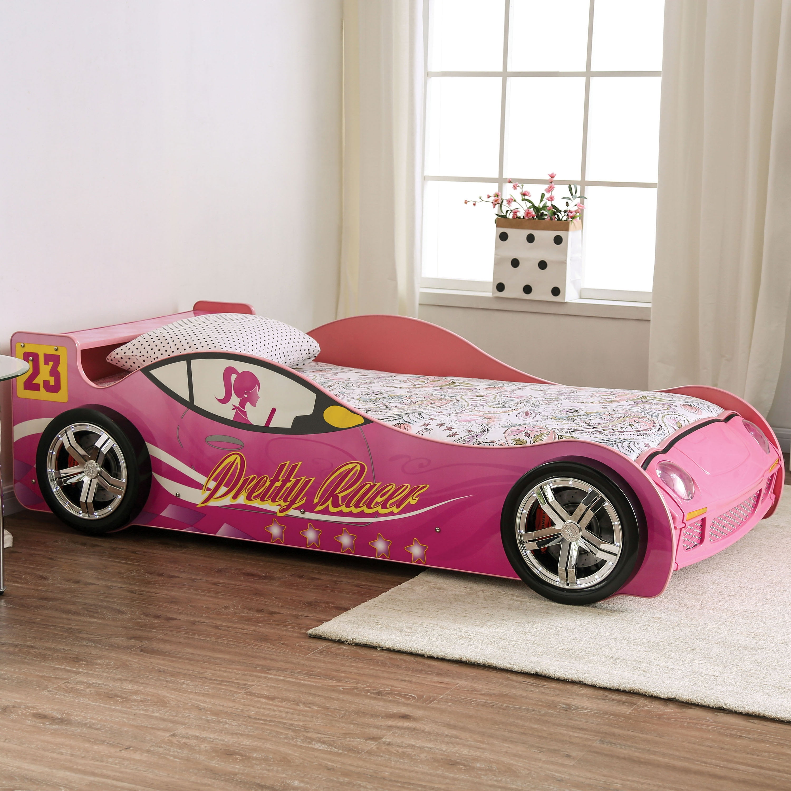 Furniture of America Sweet Kids Wood Twin Race Car Bed with LED and Sound