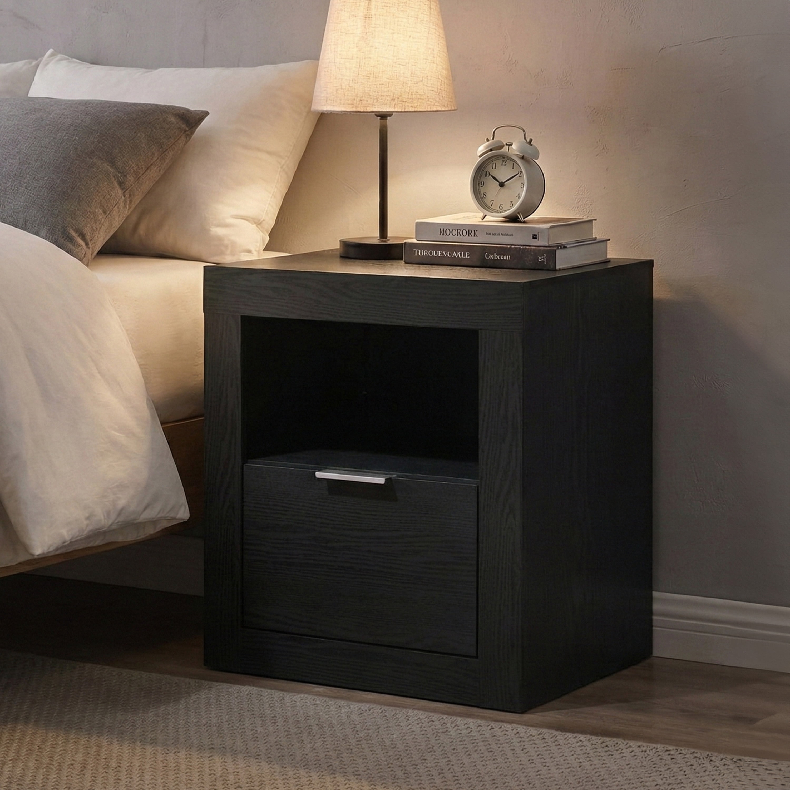 Furniture of America Talia Modern Solid Wood 1-Drawer Nightstand with Open Shelf, Black
