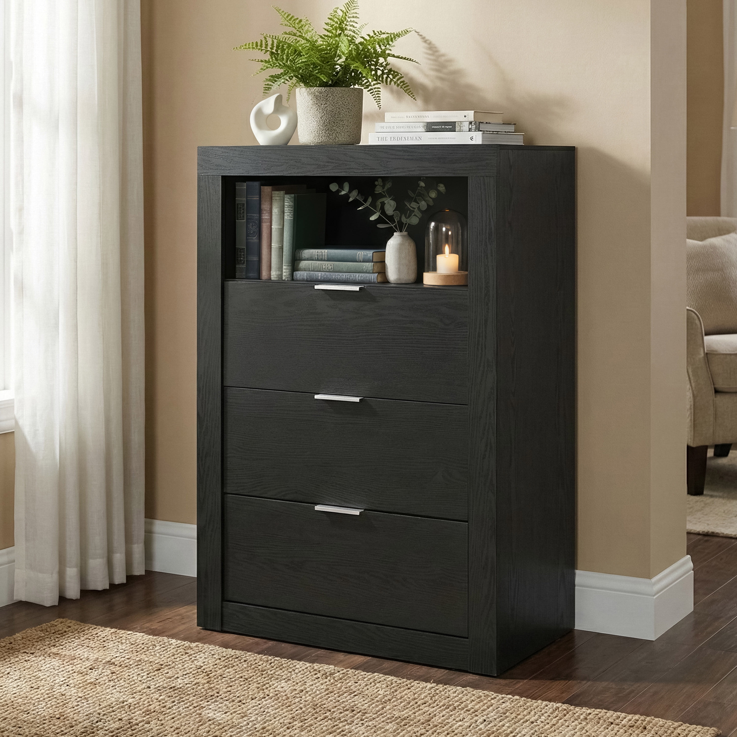 Furniture of America Talia Modern Solid Wood 3-Drawer Tall Dresser with Open Shelf, Black