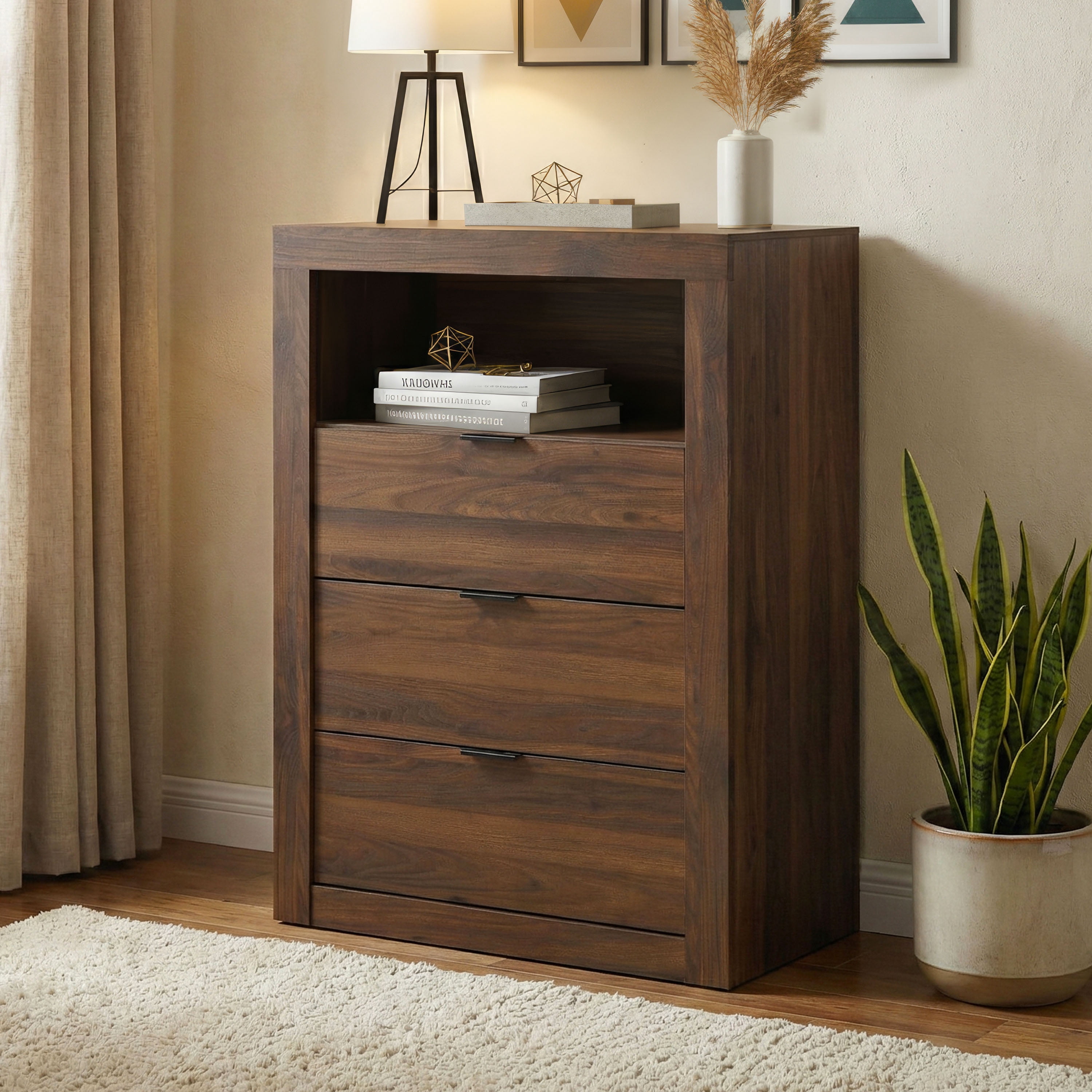 Furniture of America Talia Modern Solid Wood 3-Drawer Tall Dresser with Open Shelf, Walnut