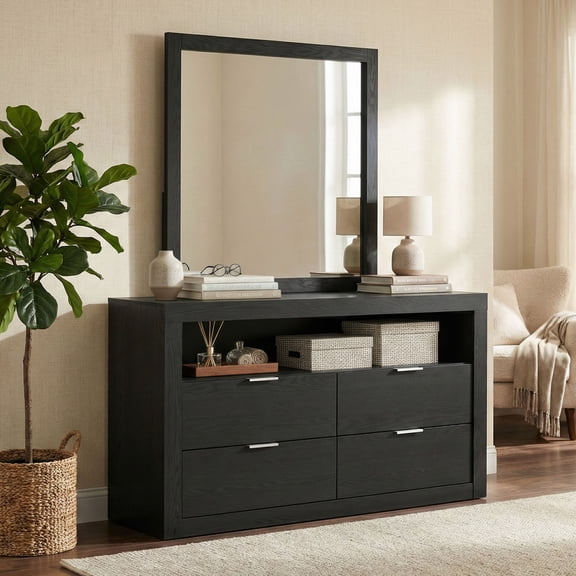 Furniture of America Talia Modern Solid Wood 4-Drawer Dresser with Mirror, Black