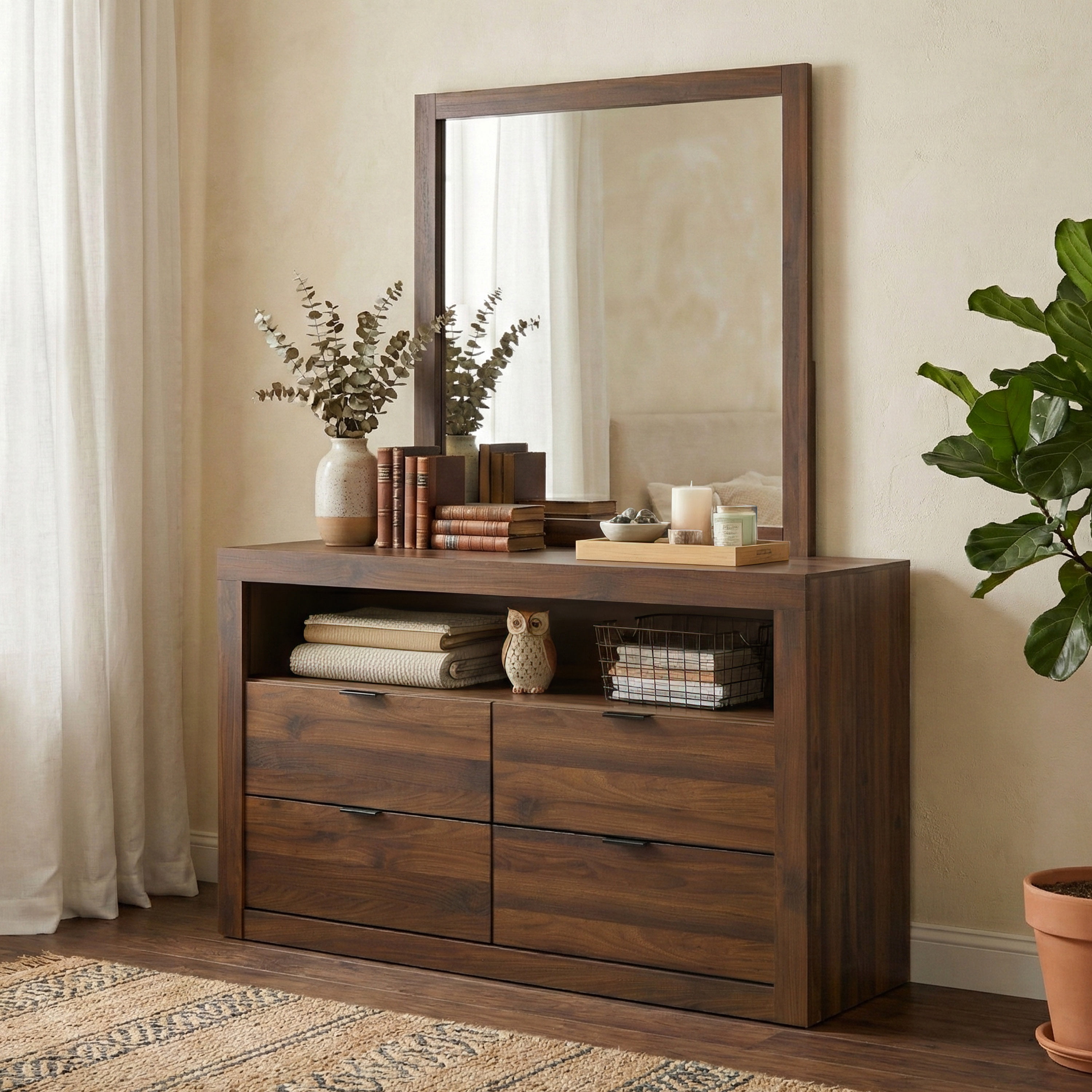 Furniture of America Talia Modern Solid Wood 4-Drawer Dresser with Mirror, Walnut