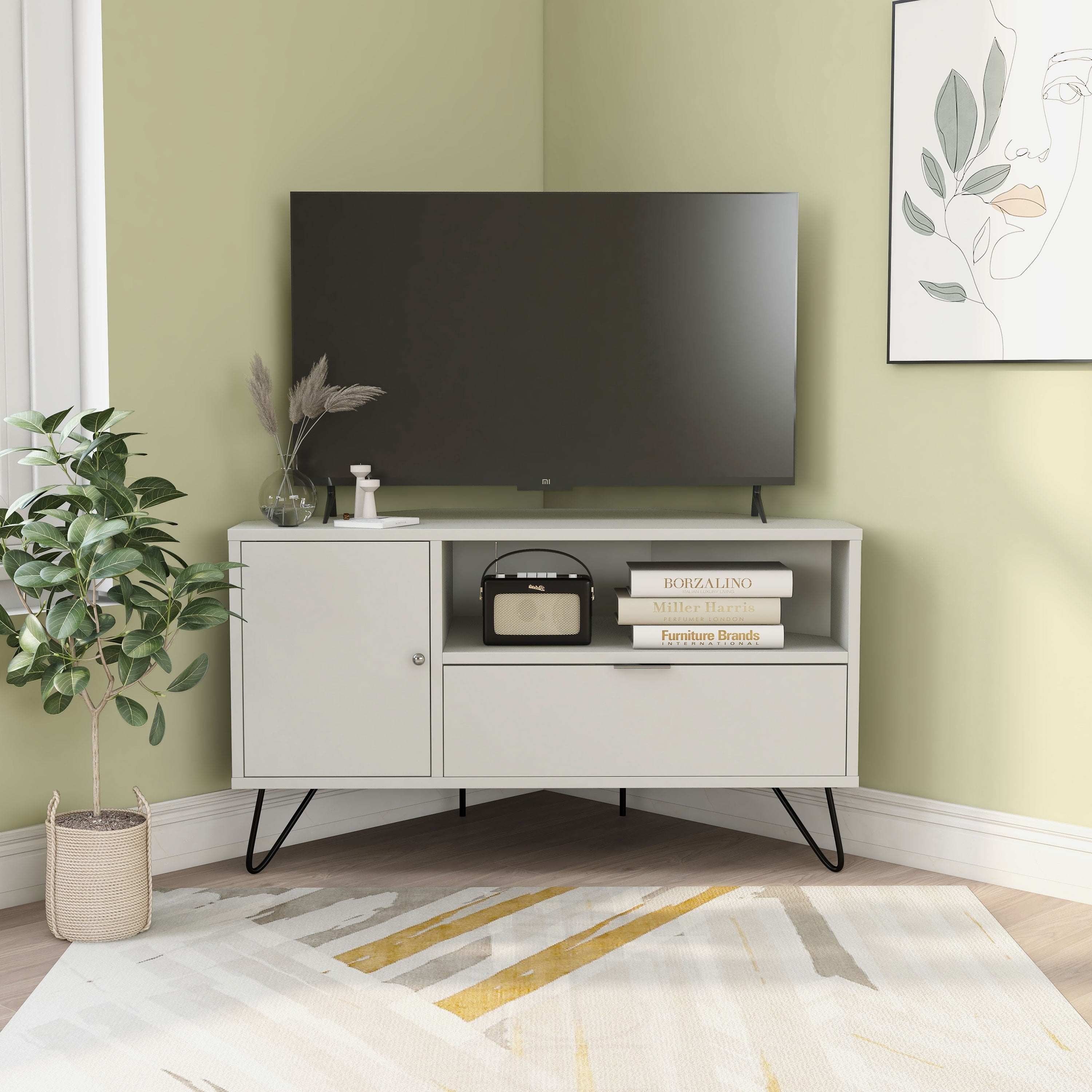 Furniture of America Talley Mid Century Modern 41 inch 1 Open Shelf Corner TV Console by White Scandinavian Mid Century Modern
