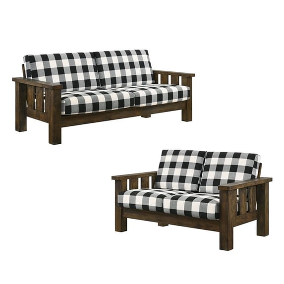 Furniture of America Tally 2-Piece Brown Wood and Plaid Sofa and Loveseat Set