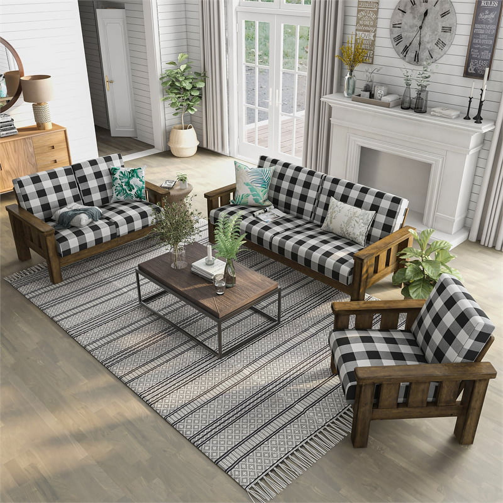 Furniture of America Tally Wood 3-Piece Plaid Sofa Set in Brown