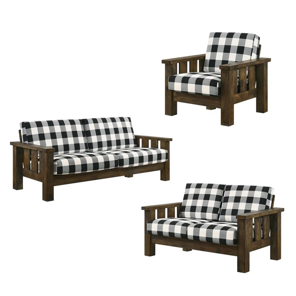 Furniture of America Tally Wood 3-Piece Plaid Sofa Set in Brown
