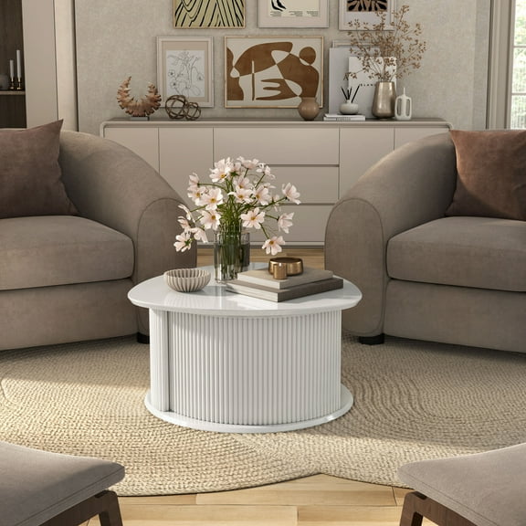 Furniture of America Talo Fluted Pedestal Triangle Storage Coffee Table, Glossy White