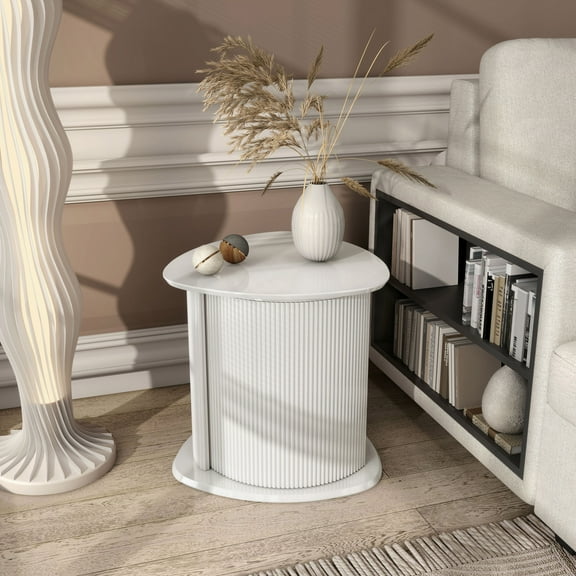 Furniture of America Talo Fluted Pedestal Triangle Storage End Table, Glossy White