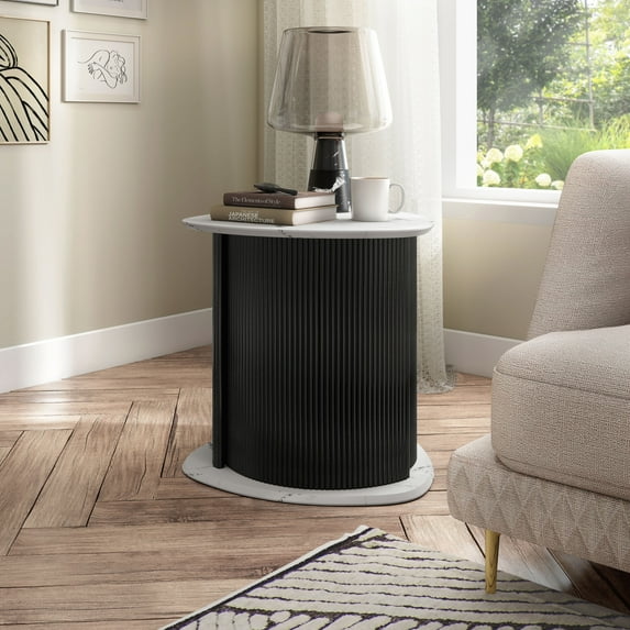 Furniture of America Talo Fluted Pedestal Triangle Storage End Table, Marble White and Black