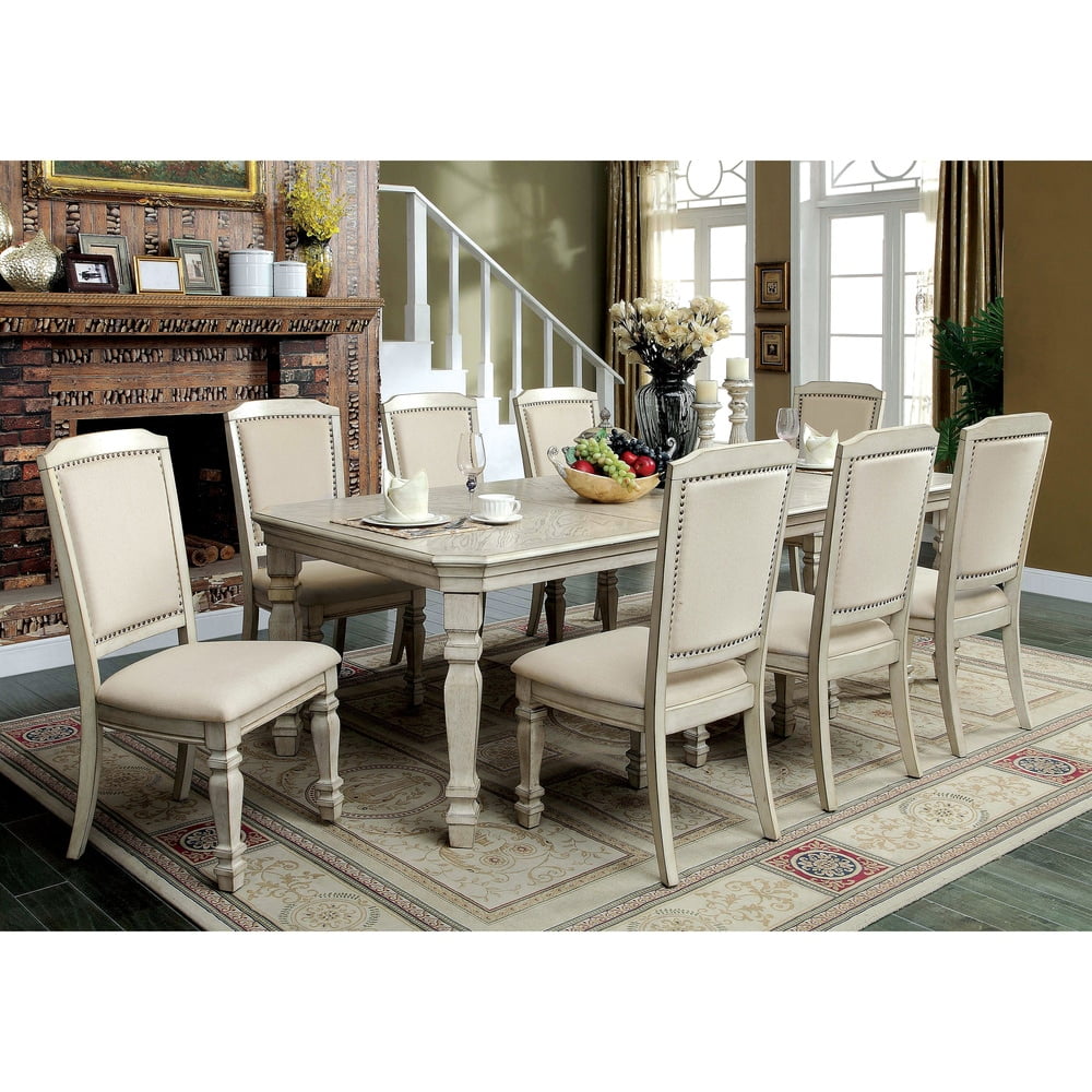 Antique White Wood 9-Piece Dining Table Set with Ivory Upholstery