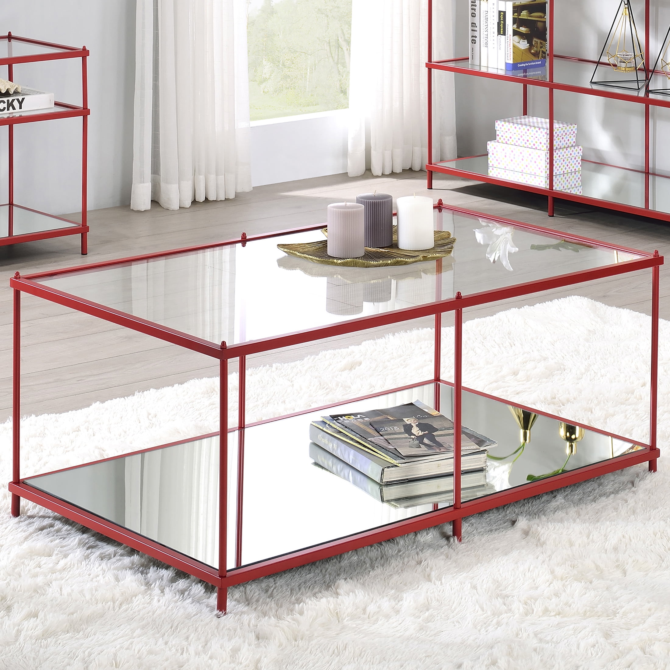 Furniture of America Tenne Glass Top Coffee Table, Red