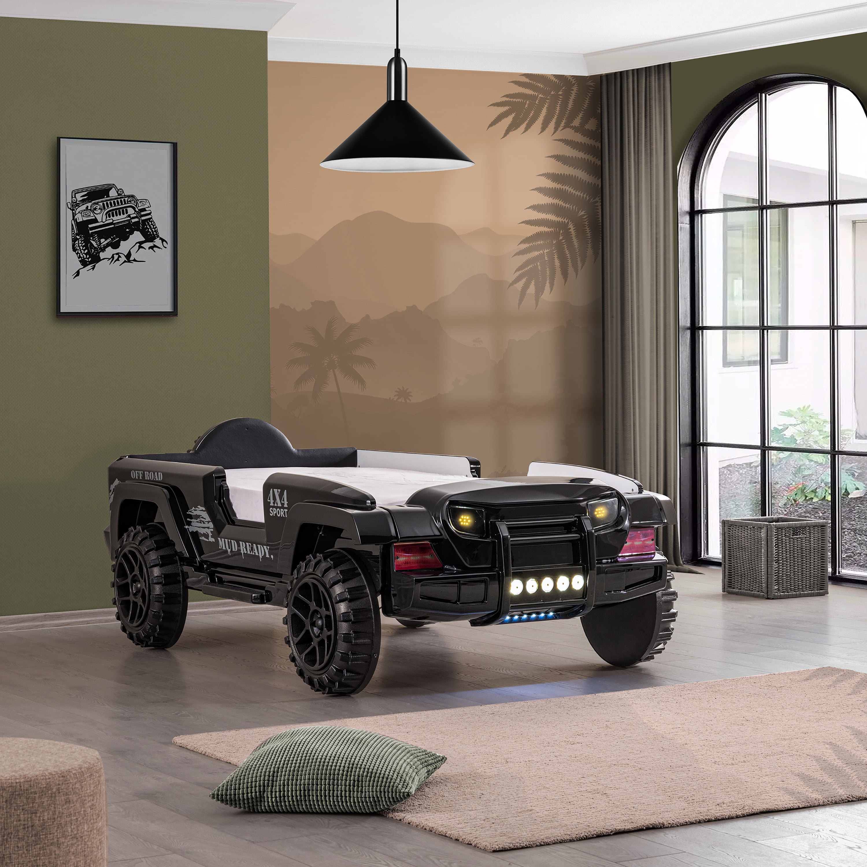 Furniture of America Terra Kids Plastic Twin SUV Bed with LED and Sound, Black
